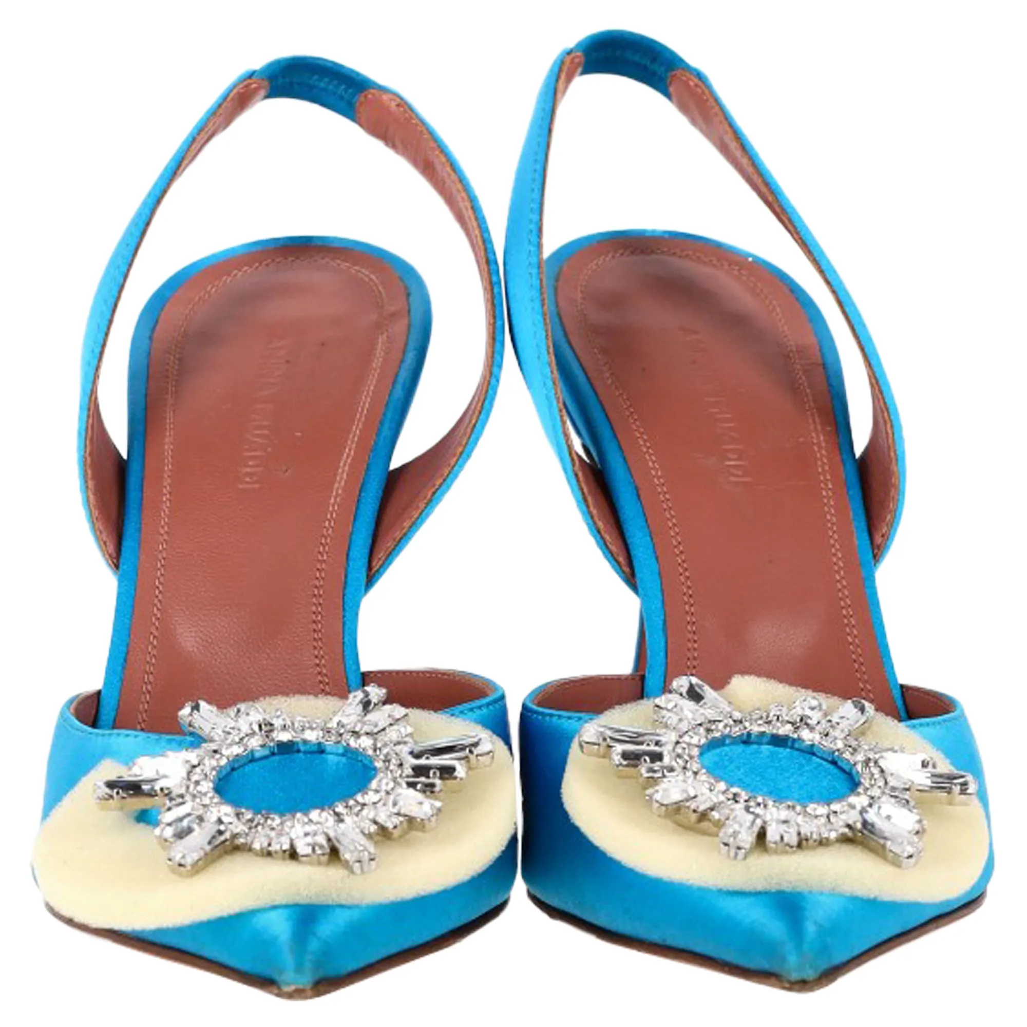 Amina Muaddi Begum Swarovski Crystal-Wmbellished Slingback Pumps in Blue Satin