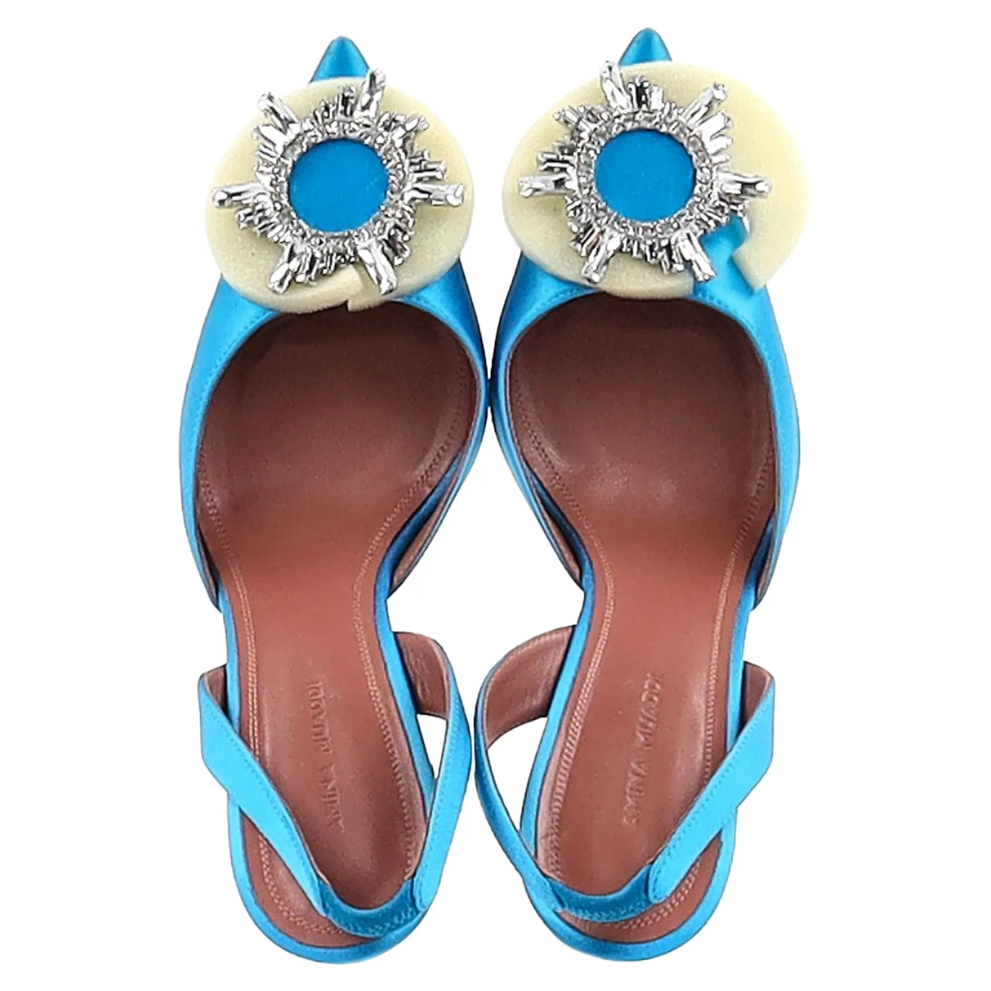 Amina Muaddi Begum Swarovski Crystal-Wmbellished Slingback Pumps in Blue Satin