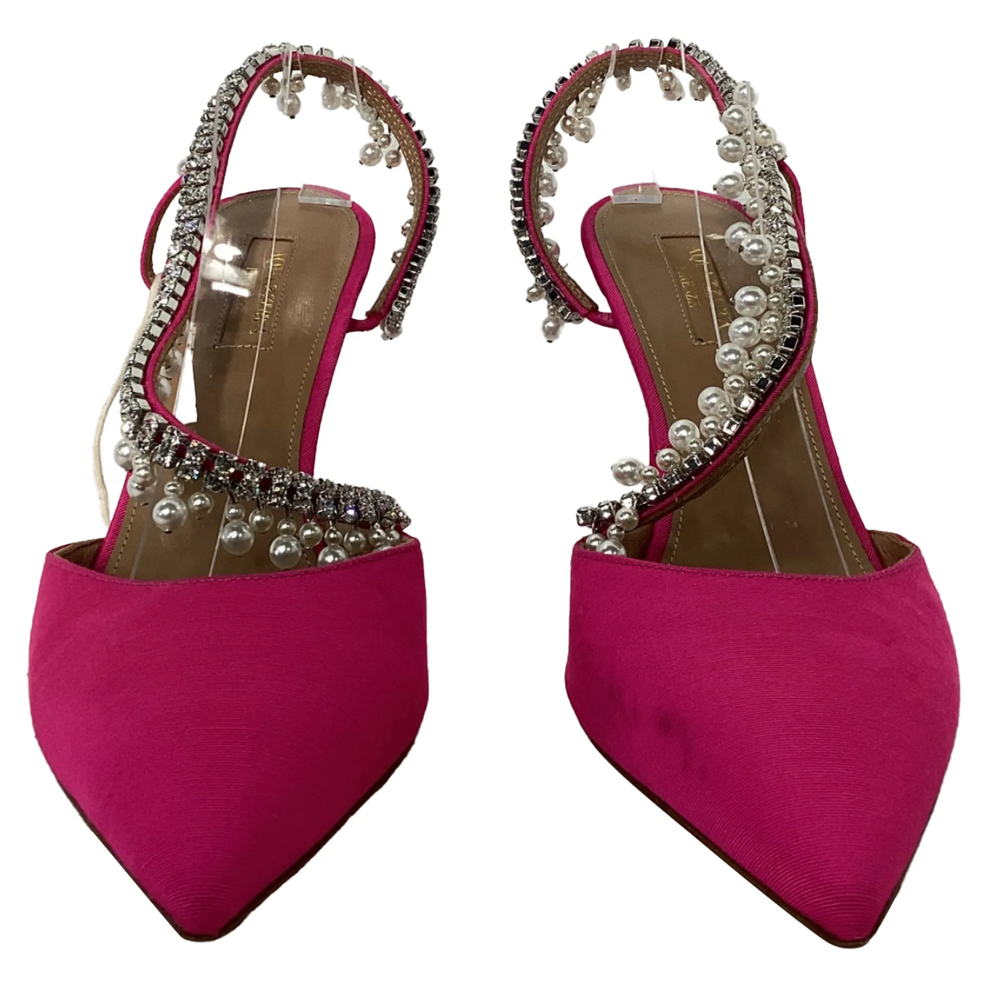 Aquazzura Exquisite 85 Crystal And Pearl-Embellished Slingback Pumps in Pink Satin
