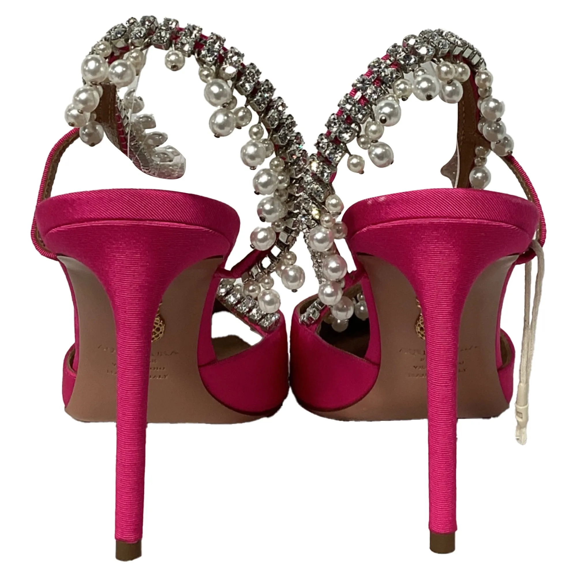 Aquazzura Exquisite 85 Crystal And Pearl-Embellished Slingback Pumps in Pink Satin