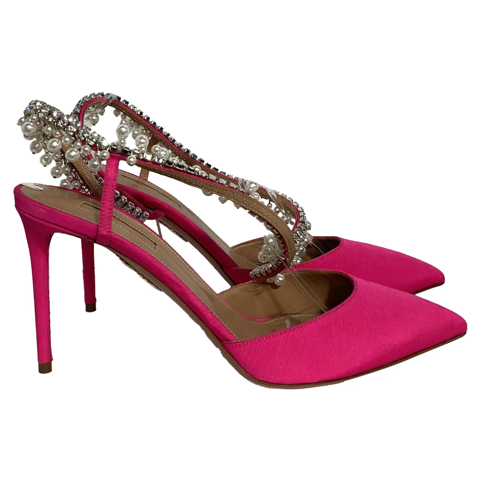 Aquazzura Exquisite 85 Crystal And Pearl-Embellished Slingback Pumps in Pink Satin