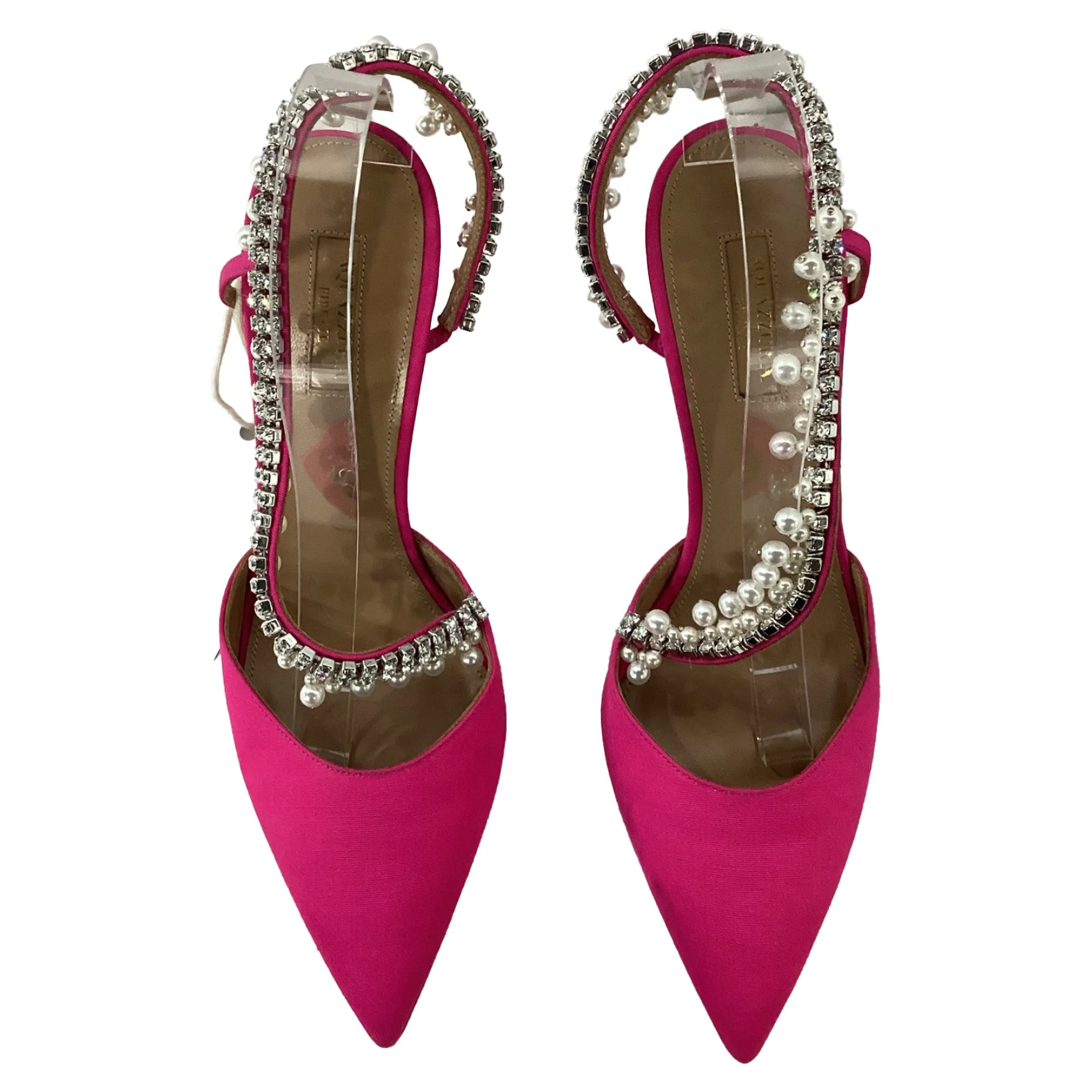 Aquazzura Exquisite 85 Crystal And Pearl-Embellished Slingback Pumps in Pink Satin