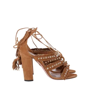 Aquazzura Tassel Accents Gladiator Sandals in Brown Suede