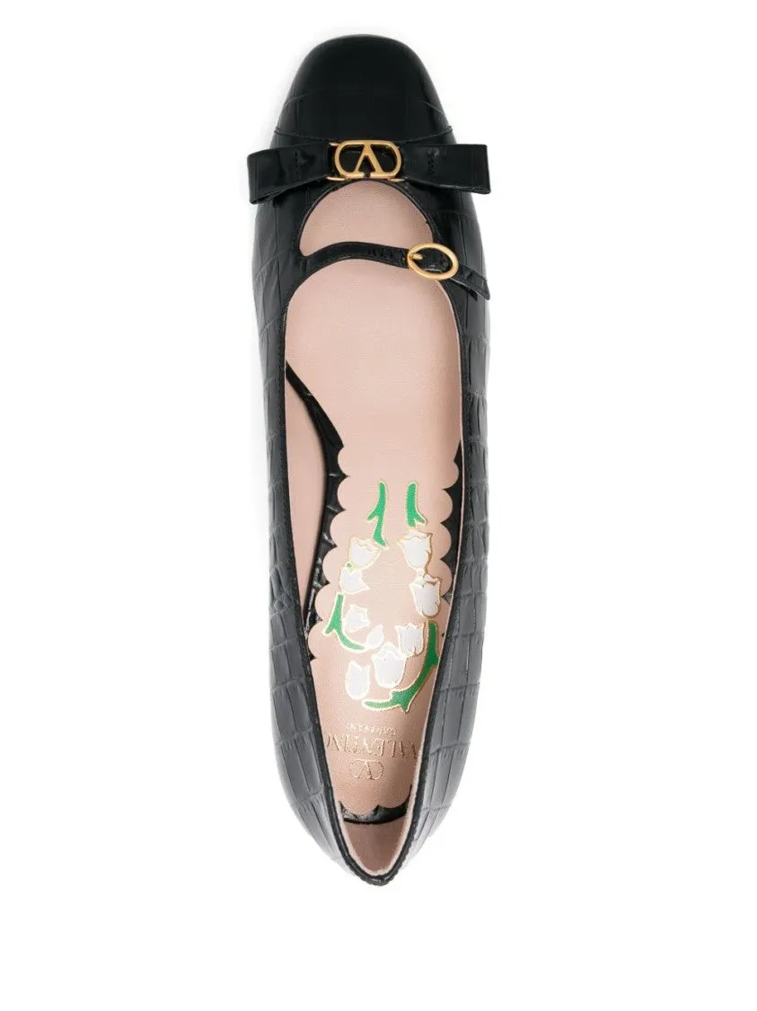 Bow Detail Black Crocodile-Embossed Leather Heels