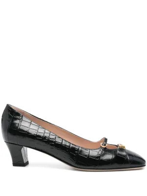 Bow Detail Black Crocodile-Embossed Leather Heels