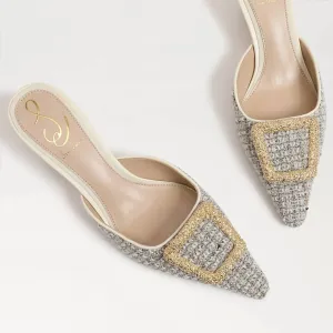 Brit Kitten Heel Mule In Ivory Boucle Fabric/twill