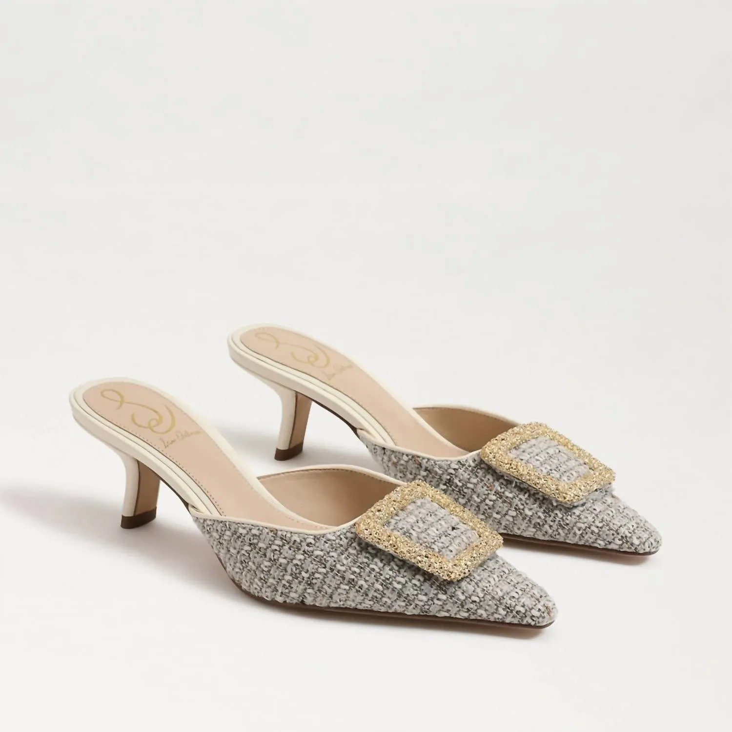 Brit Kitten Heel Mule In Ivory Boucle Fabric/twill