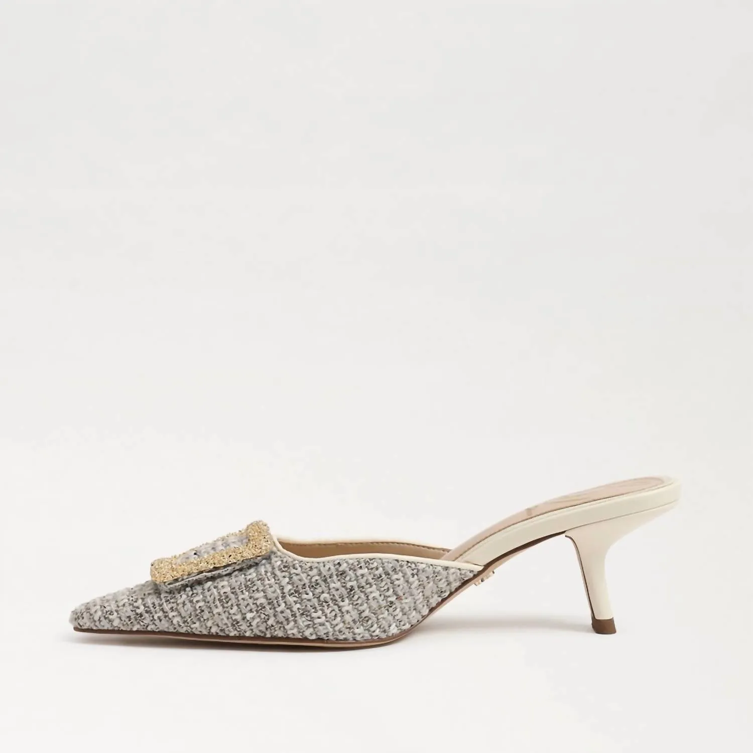 Brit Kitten Heel Mule In Ivory Boucle Fabric/twill