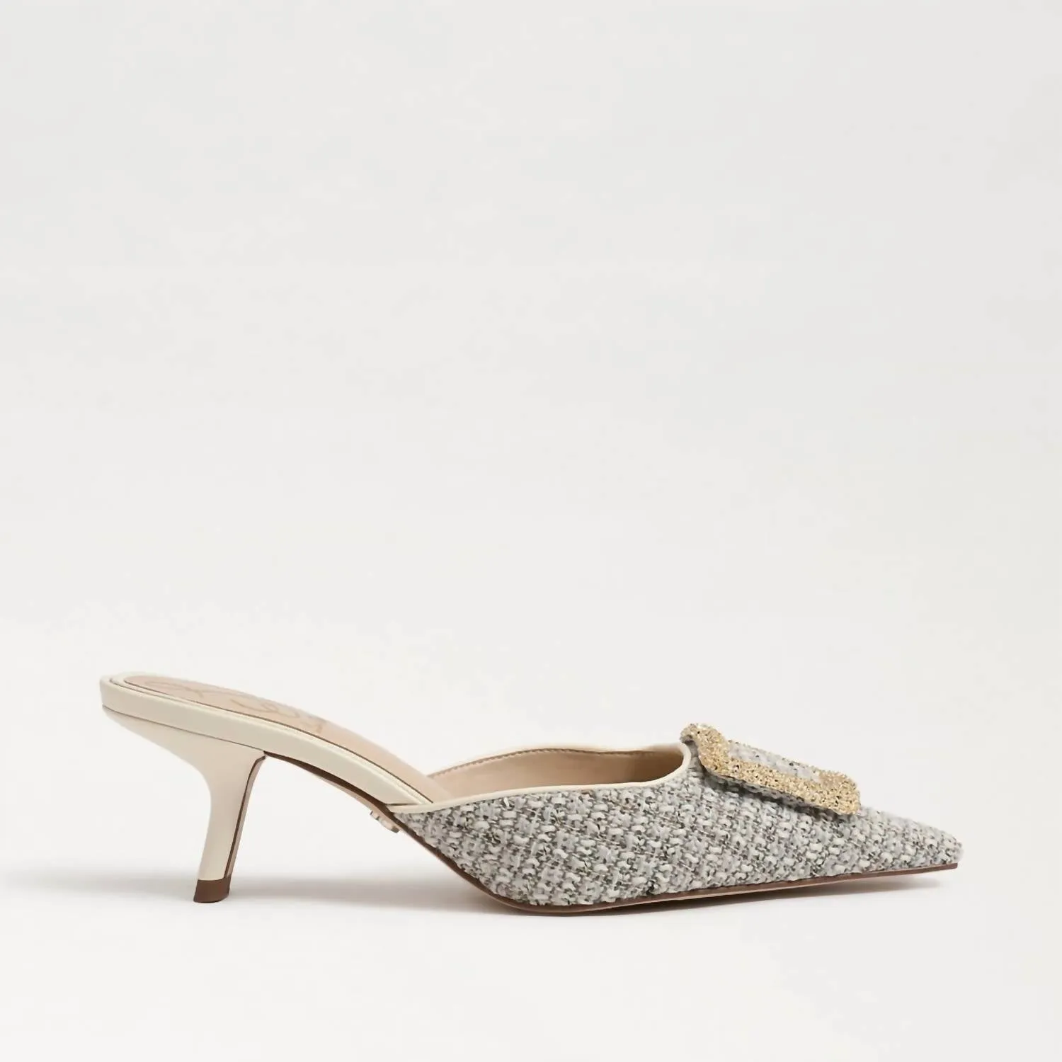 Brit Kitten Heel Mule In Ivory Boucle Fabric/twill
