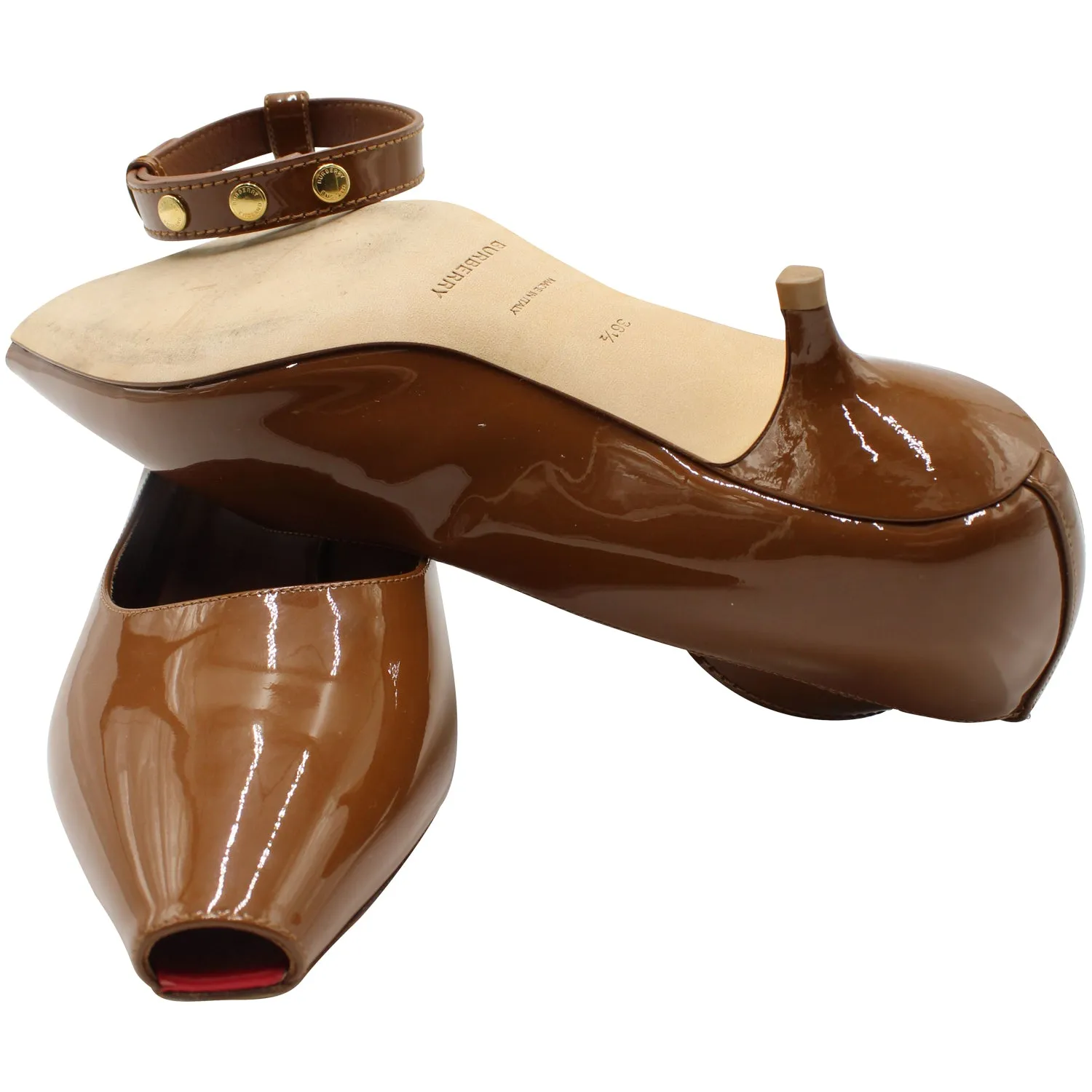 Burberry Dill Kitten Heel Ankle Cuff Pumps in Brown Patent Leather