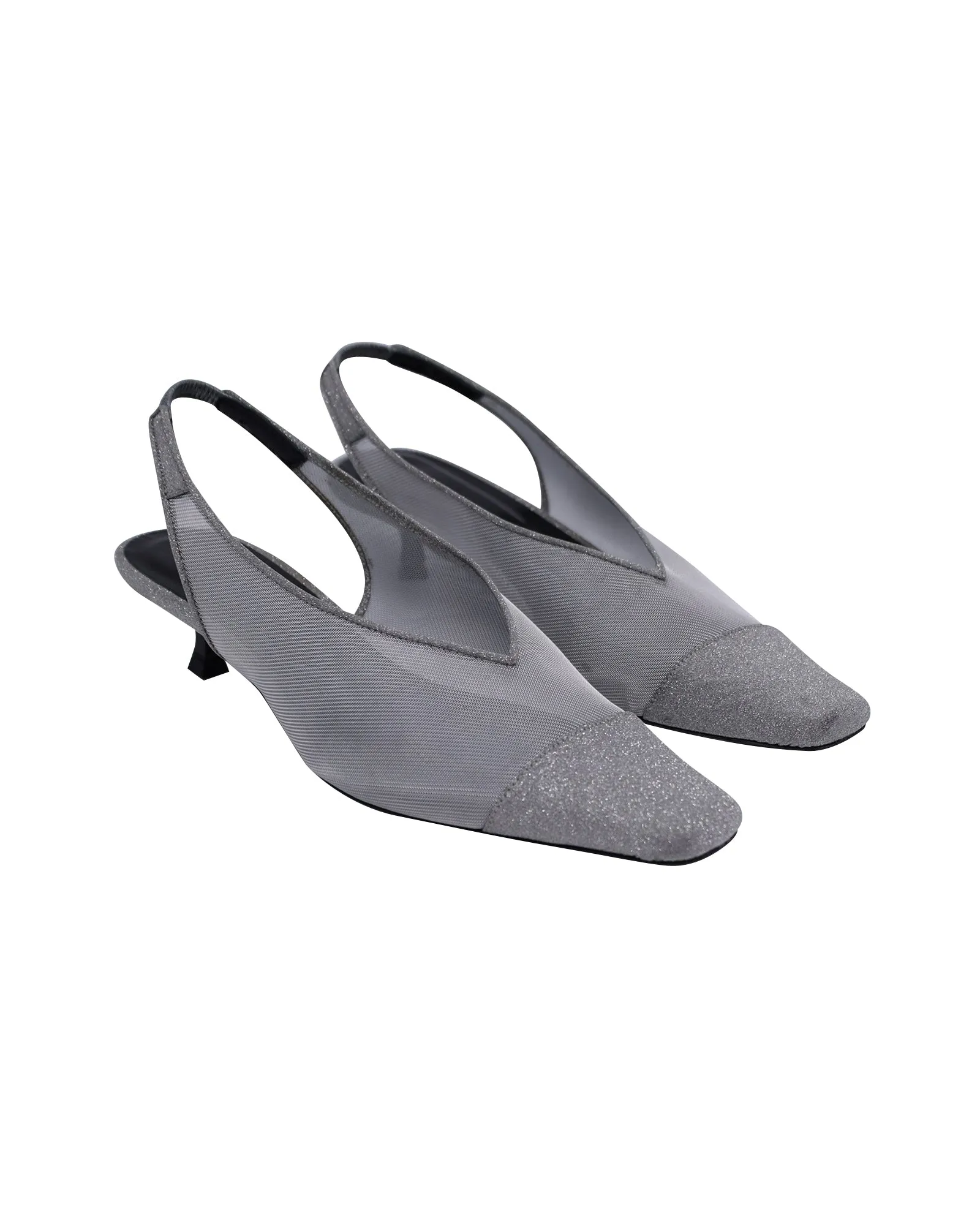 By Far Kendall Glittered Slingback Pumps in Grey Mesh