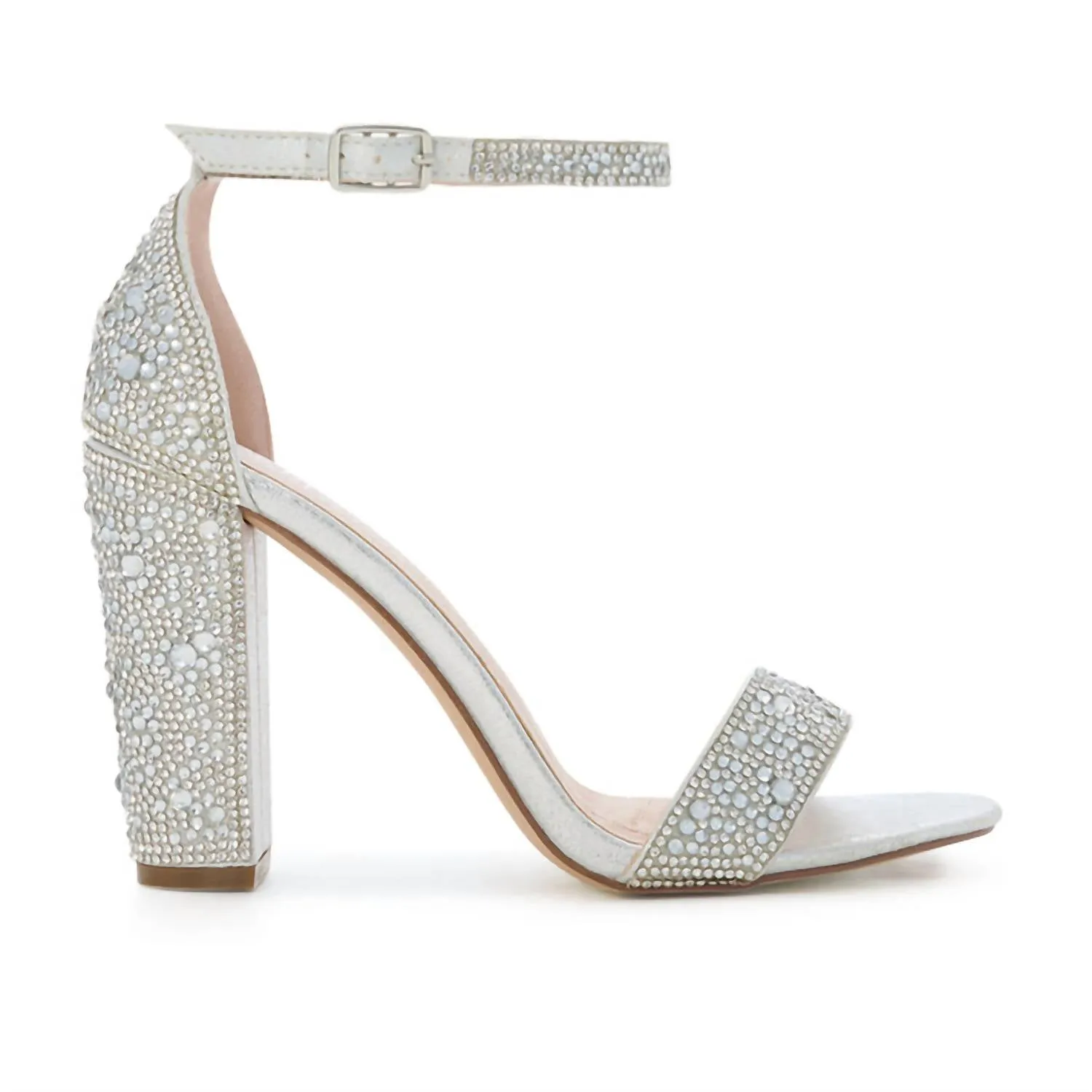 Celina-29A Silver Shimmer/rhinestone Ankle Strap Heel