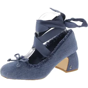 Della Fringe Womens Strappy Denim Block Heels