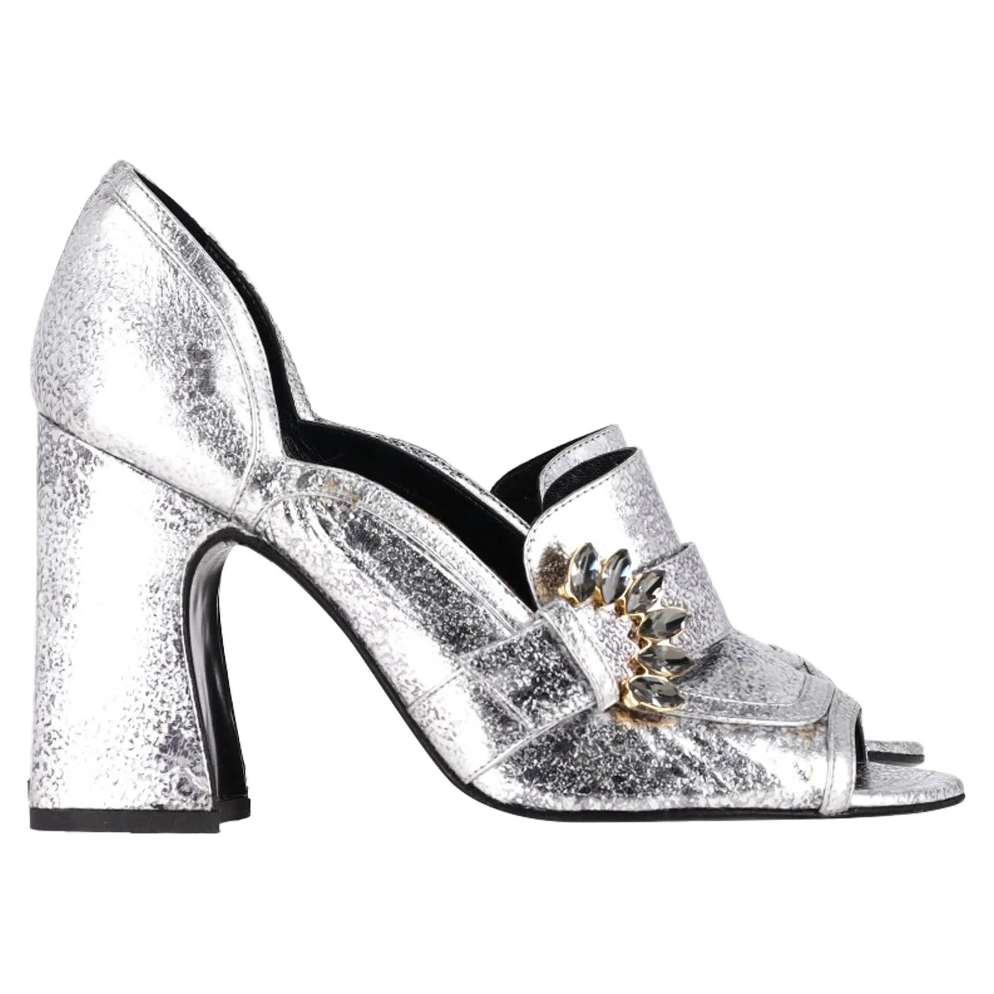 Erdem Peep Toe Block Heel Sandals in Silver Leather