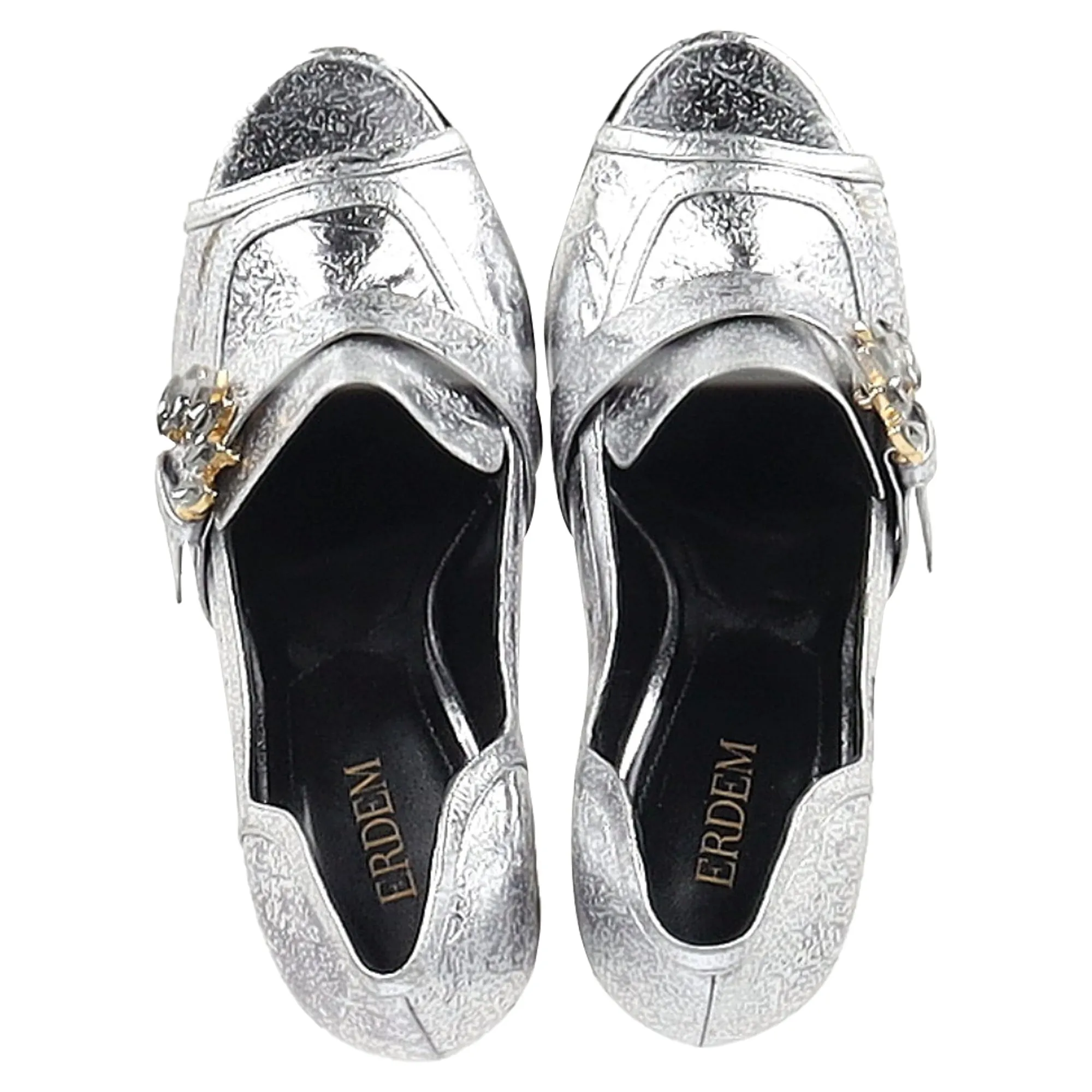 Erdem Peep Toe Block Heel Sandals in Silver Leather