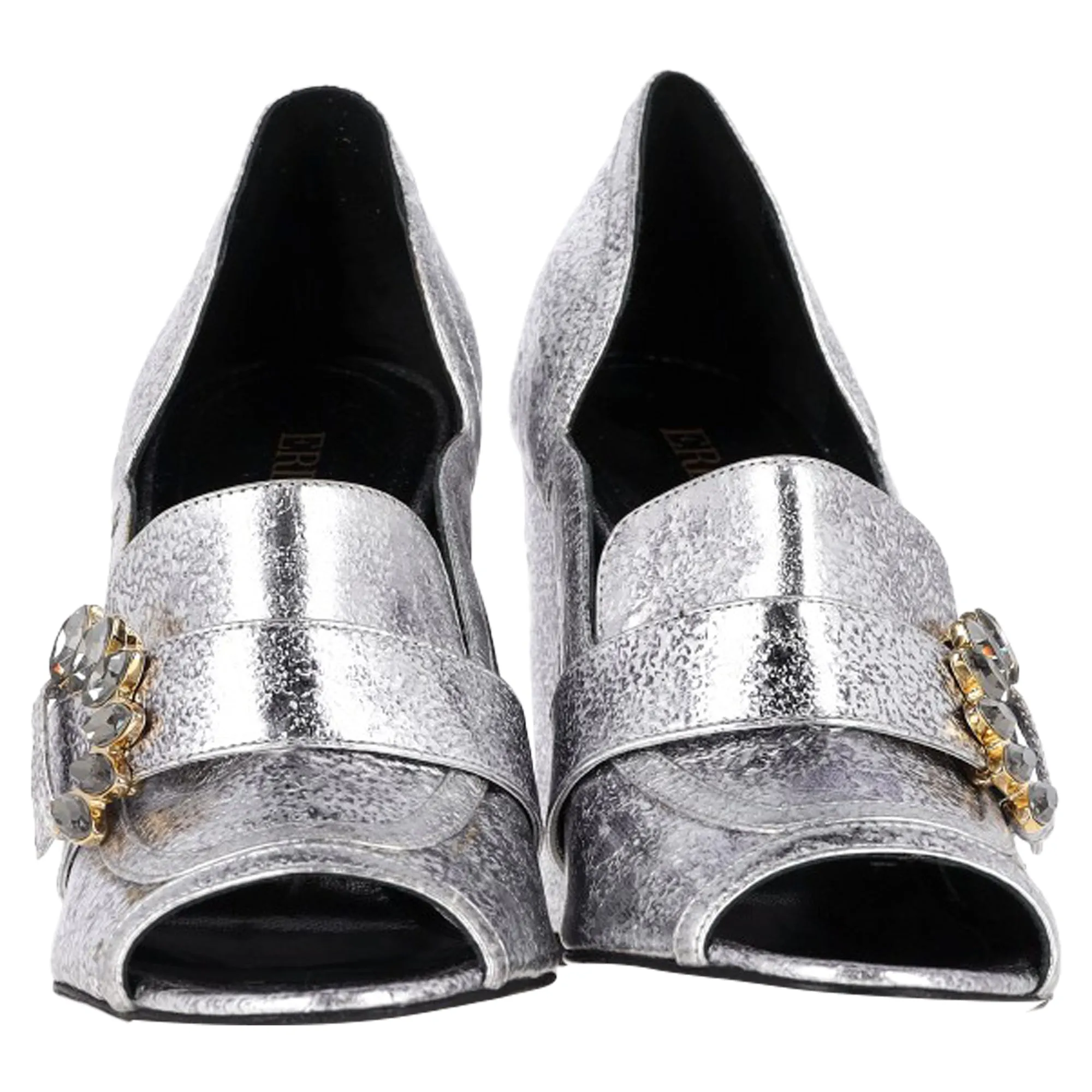 Erdem Peep Toe Block Heel Sandals in Silver Leather