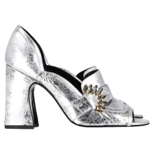 Erdem Peep Toe Block Heel Sandals in Silver Leather