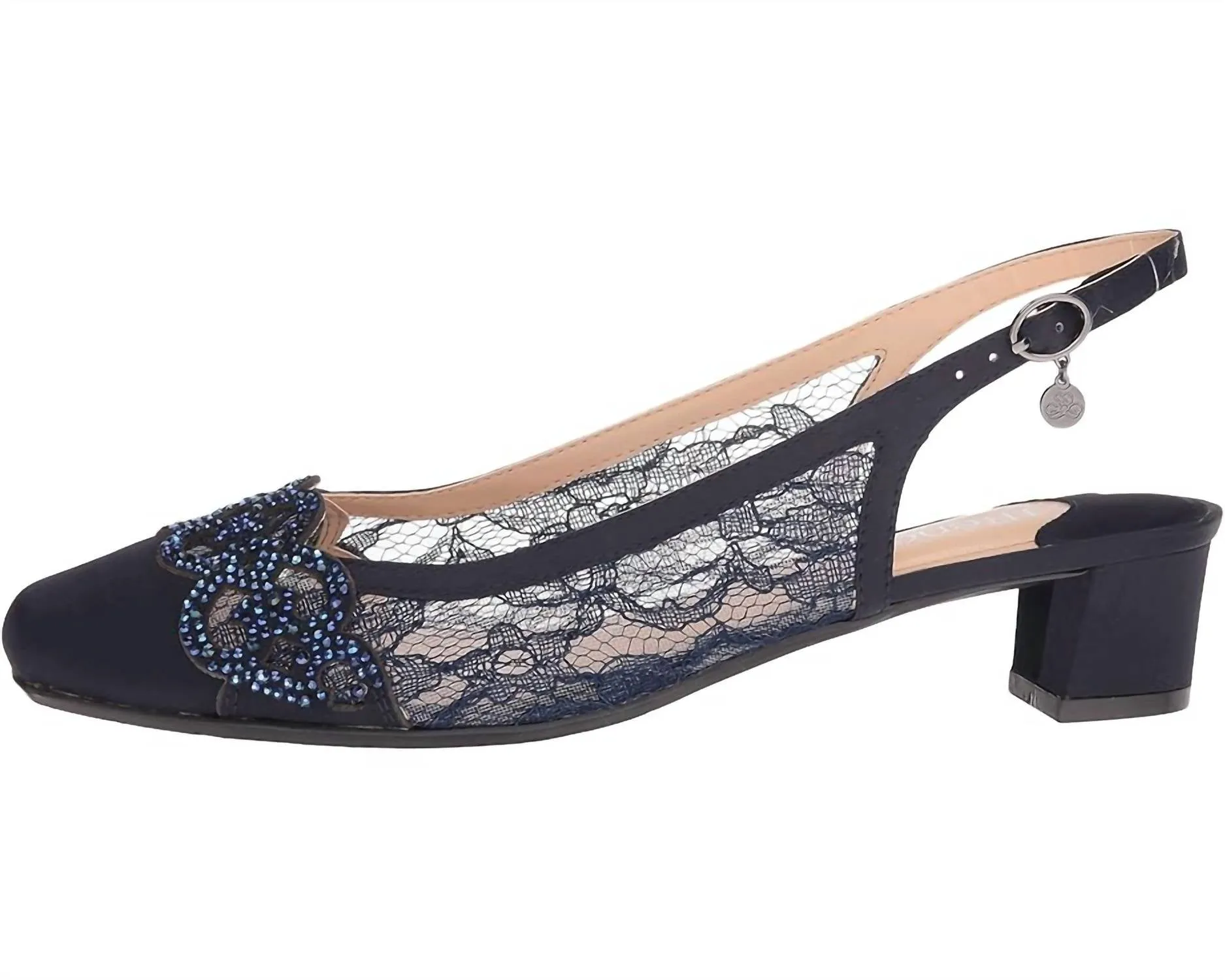 Faleece Low Heel Slingback Pumps In Navy Satin
