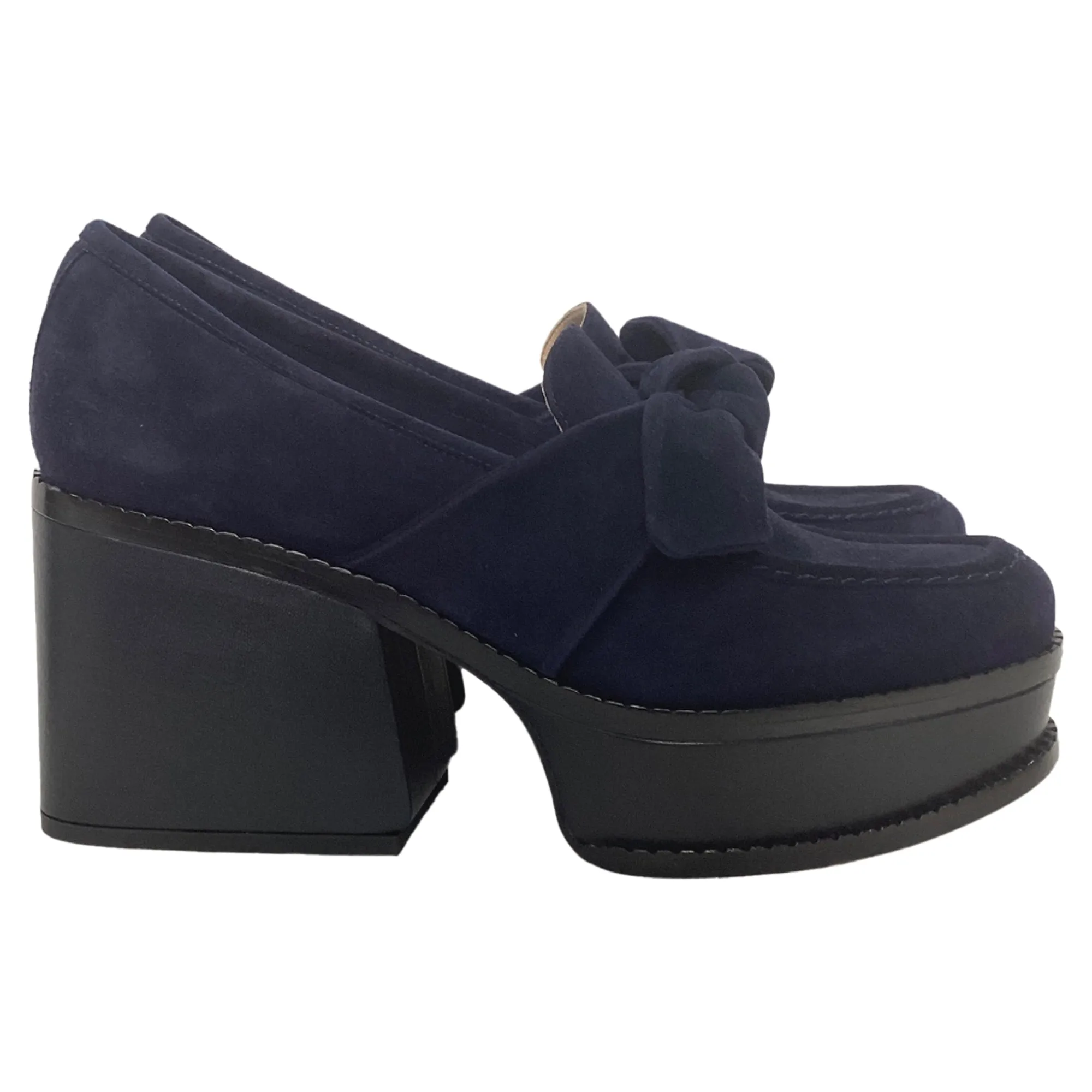 Gabriela Hearst Juan Bow-Detailed Platform Loafers in Navy Blue Suede
