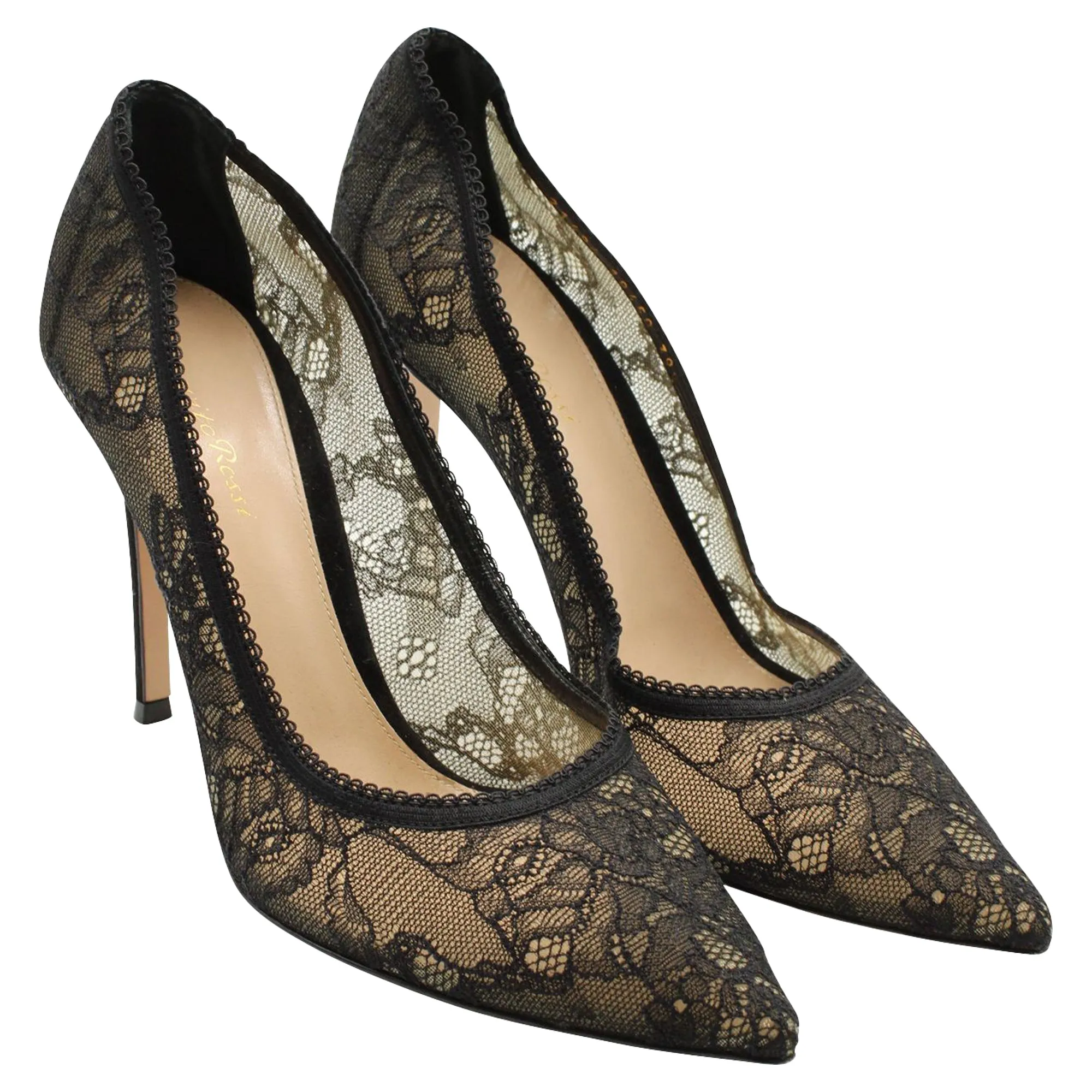 Gianvito Rossi Lace Pointed Toe Pumps in Black Polyester