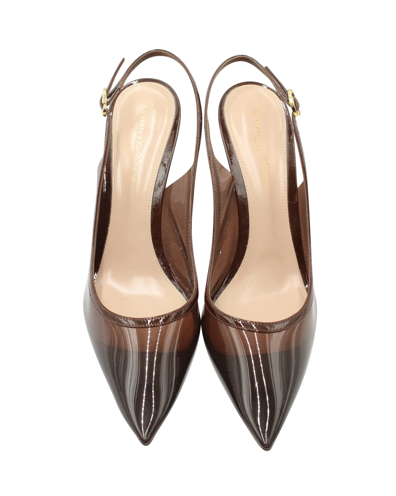 Gianvito Rossi Plexi 85 Slingback Pumps in Brown Leather-Trimmed PVC
