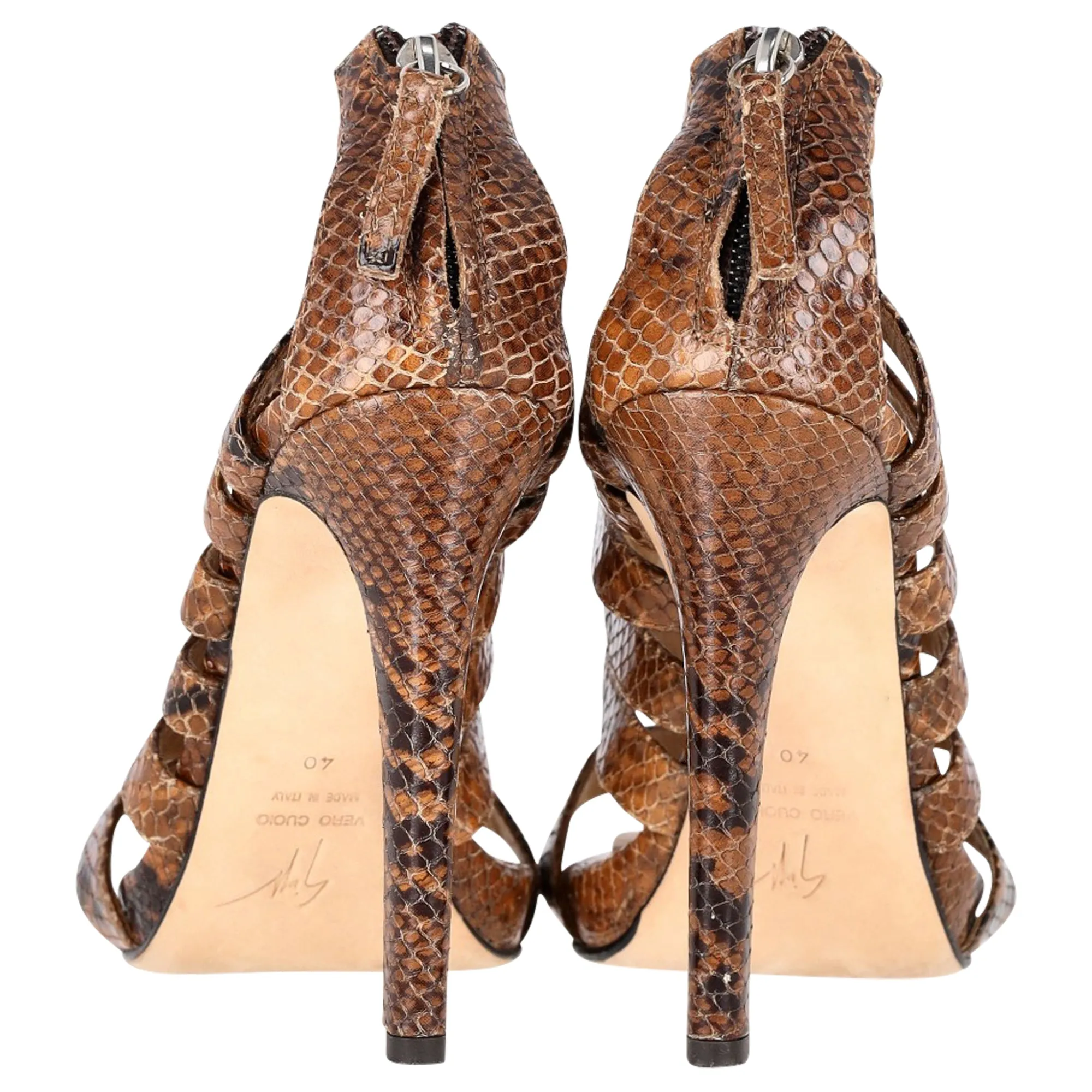 Giuseppe Zanotti Strappy Sandals in Brown Python Embossed Leather