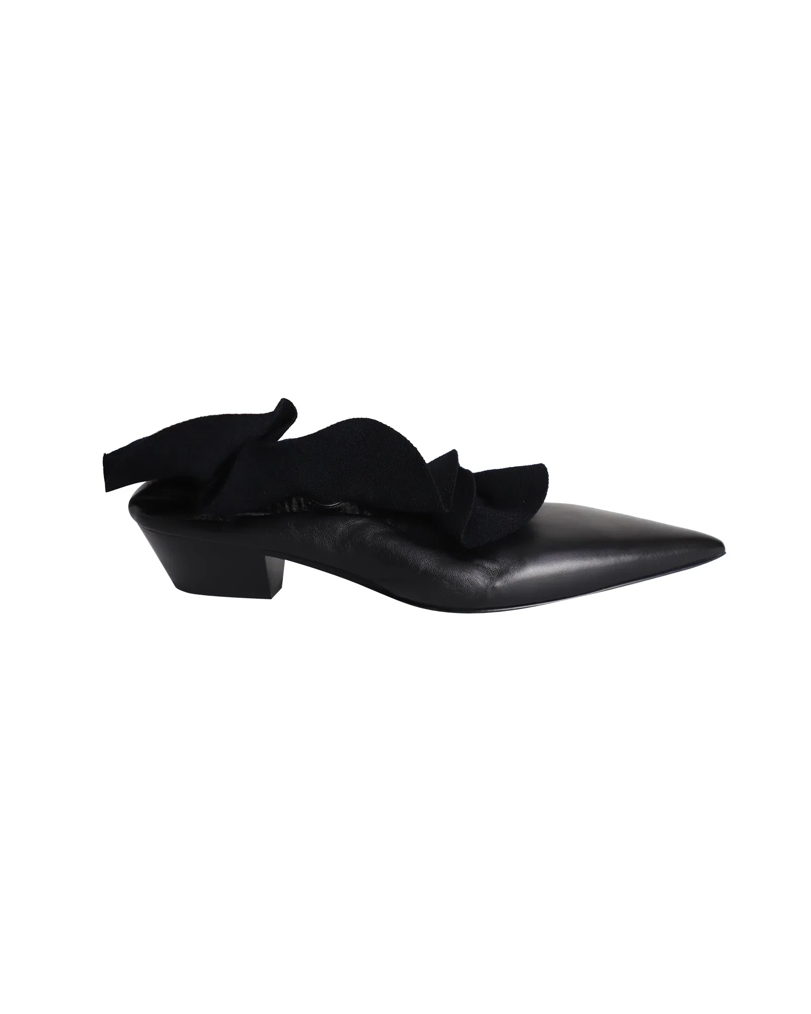 Jil Sander Ruffle-Detail Pointed-Toe Pumps in Black Calfskin Leather