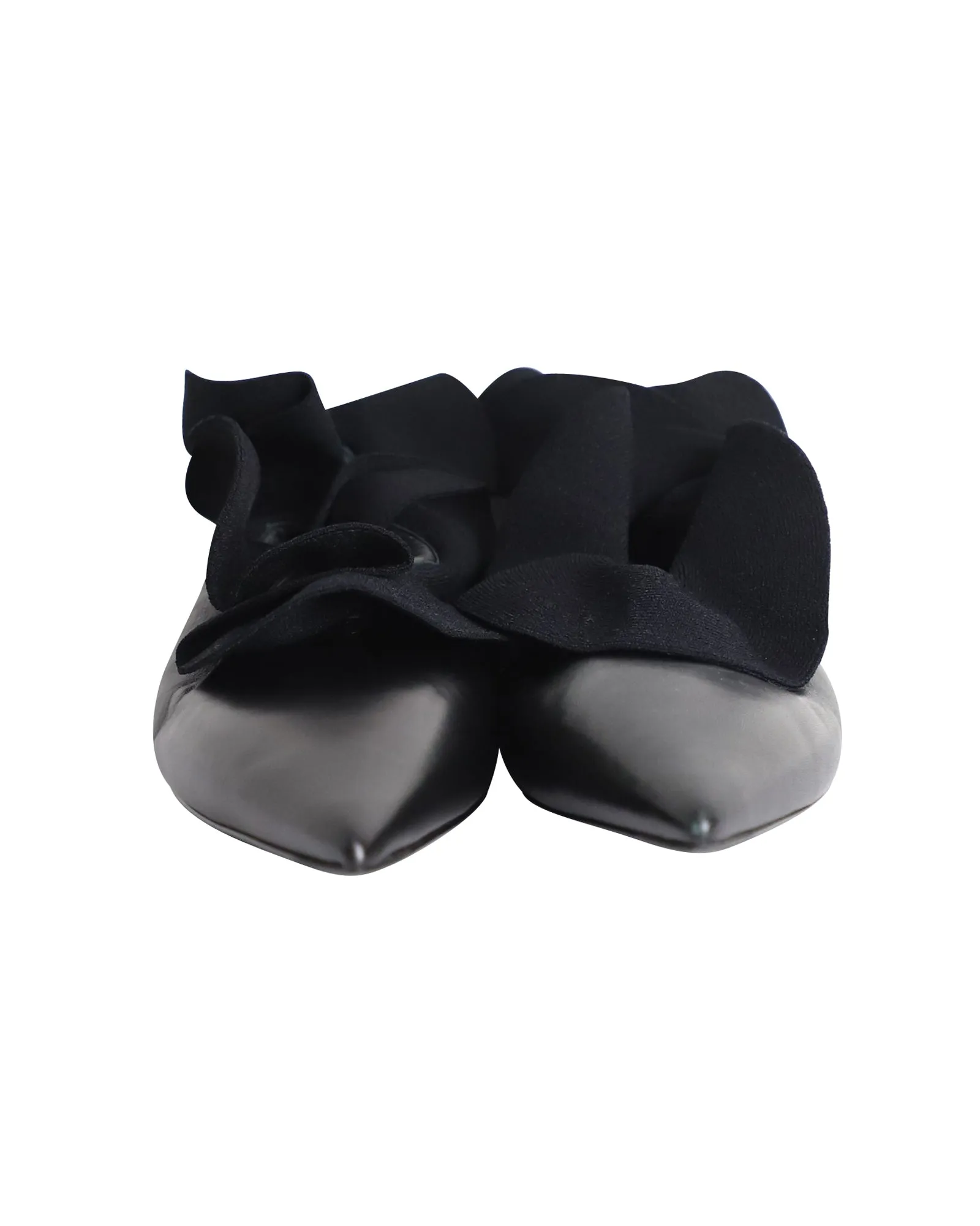 Jil Sander Ruffle-Detail Pointed-Toe Pumps in Black Calfskin Leather