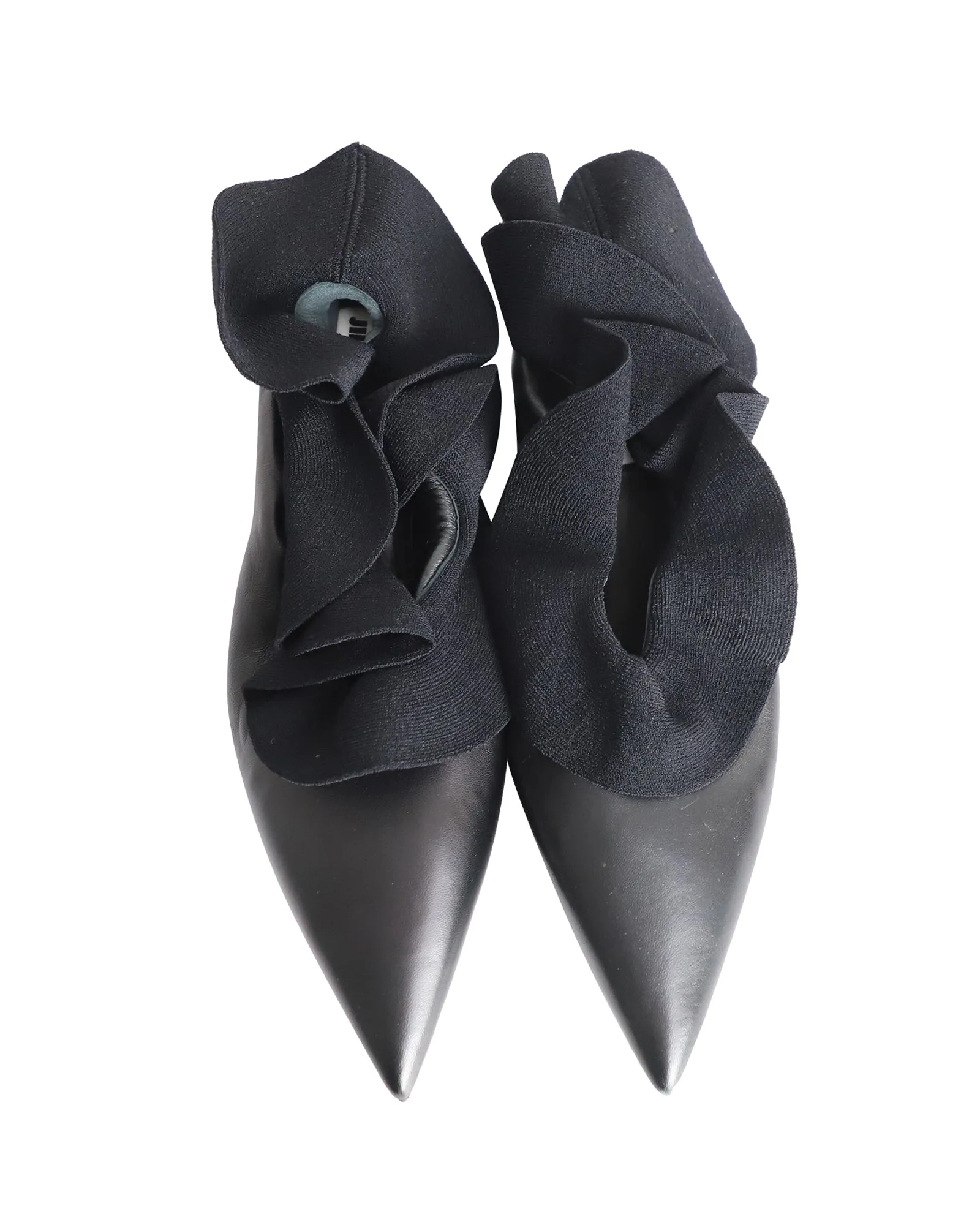 Jil Sander Ruffle-Detail Pointed-Toe Pumps in Black Calfskin Leather
