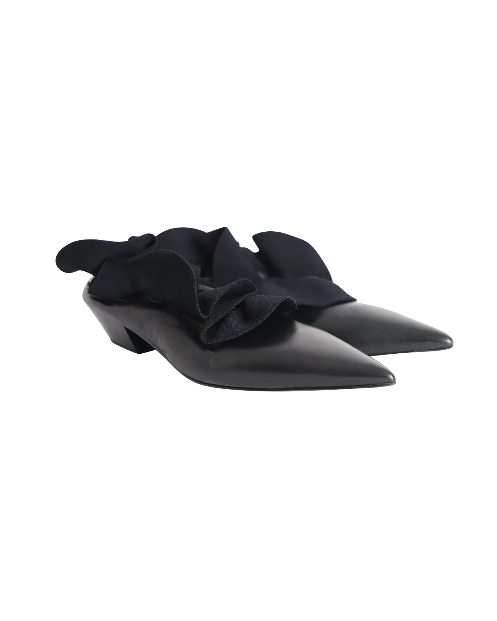 Jil Sander Ruffle-Detail Pointed-Toe Pumps in Black Calfskin Leather