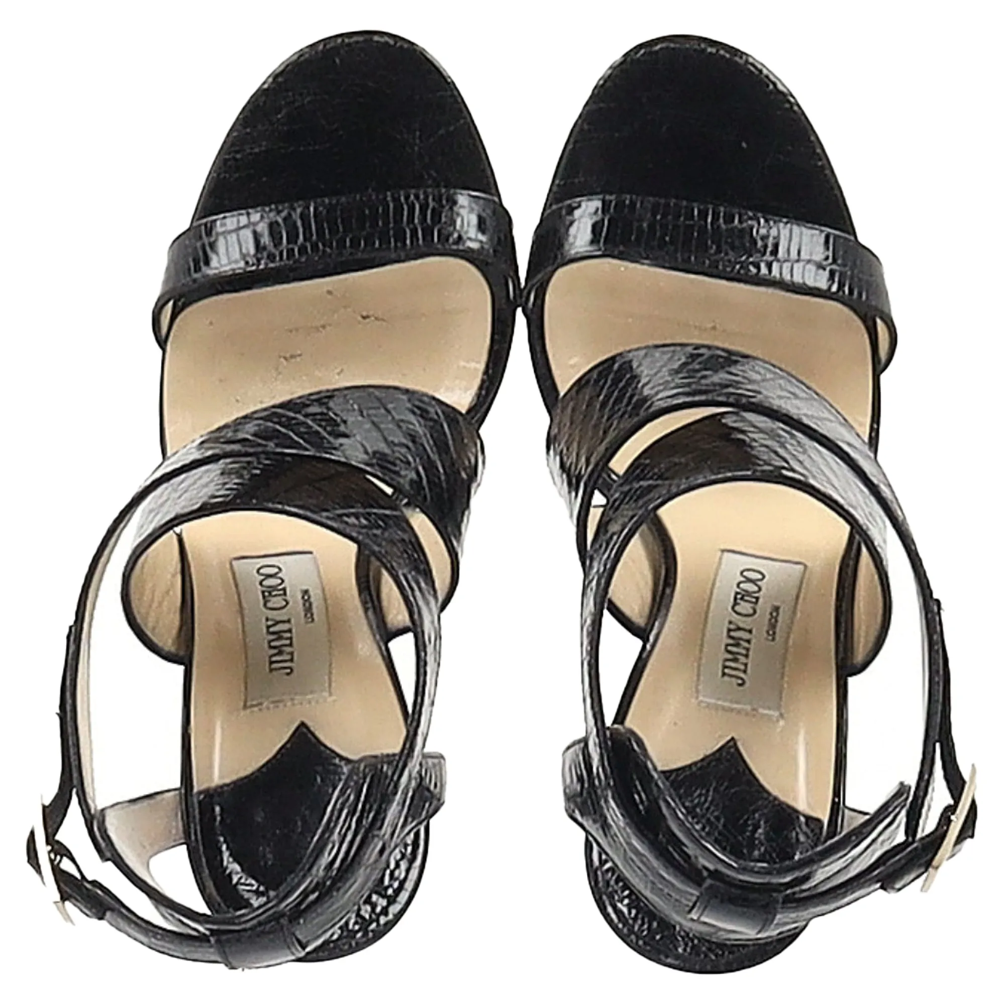 Jimmy Choo Cross-Strap Sandal Heels in Black Patent Leather