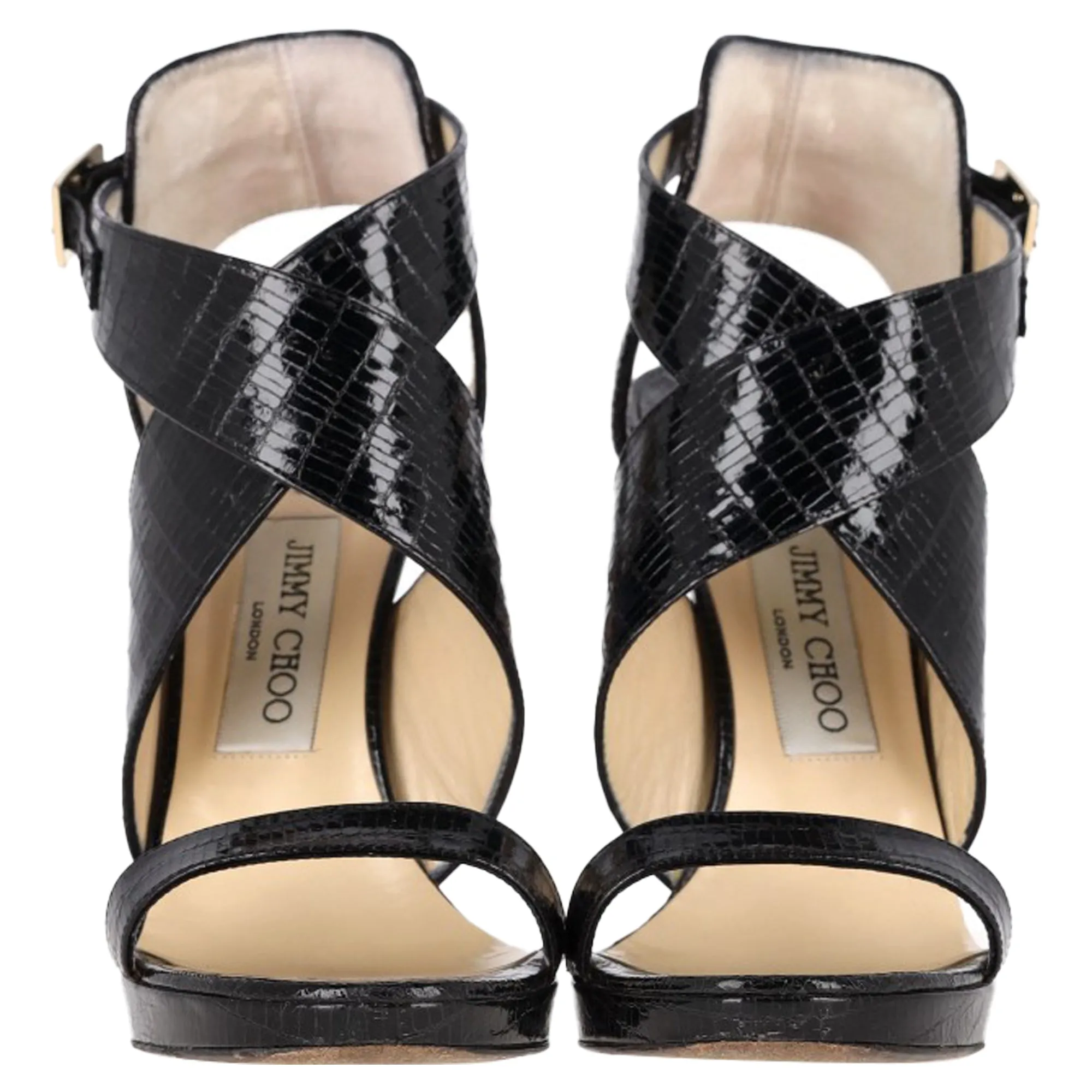 Jimmy Choo Cross-Strap Sandal Heels in Black Patent Leather