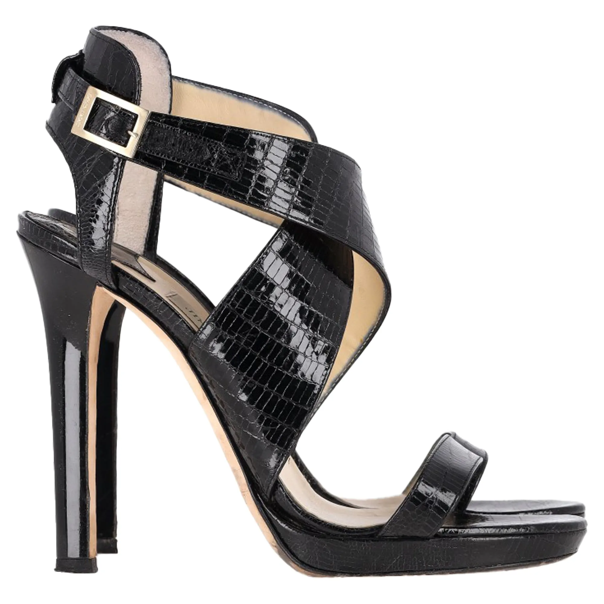 Jimmy Choo Cross-Strap Sandal Heels in Black Patent Leather