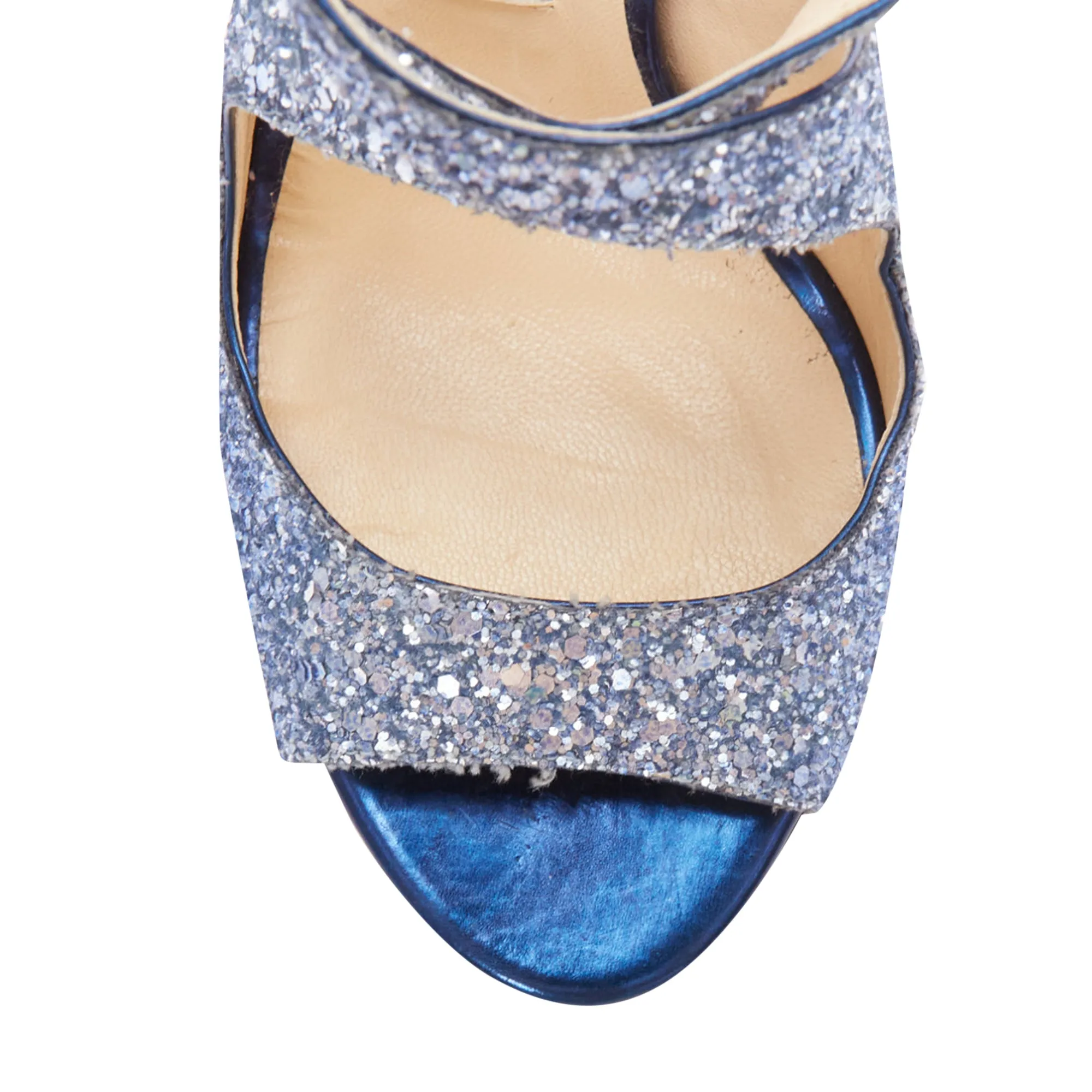 Jimmy Choo Emily blue glitter crisscross strap open toe sandals