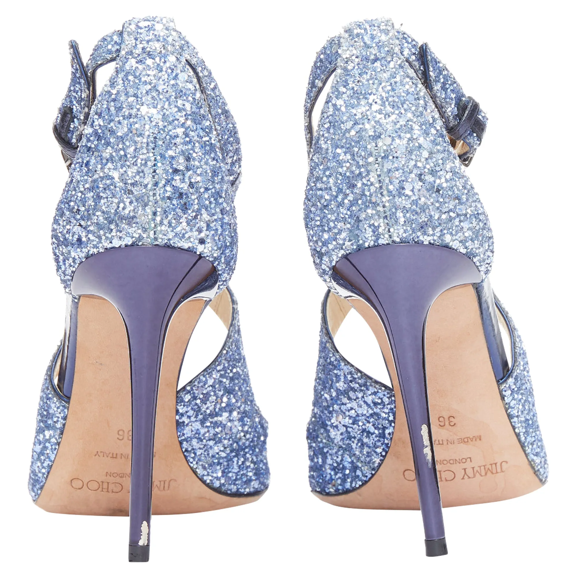 Jimmy Choo Emily blue glitter crisscross strap open toe sandals