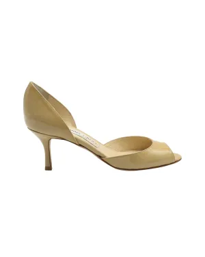 Jimmy Choo Logan Peep Toe Heels in Beige Patent Leather