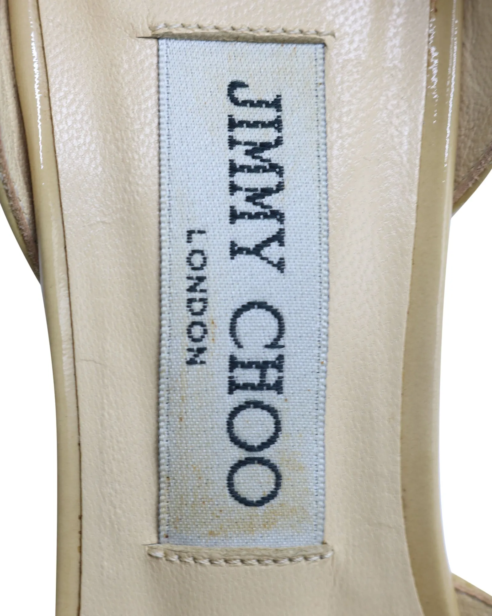 Jimmy Choo Logan Peep Toe Heels in Beige Patent Leather