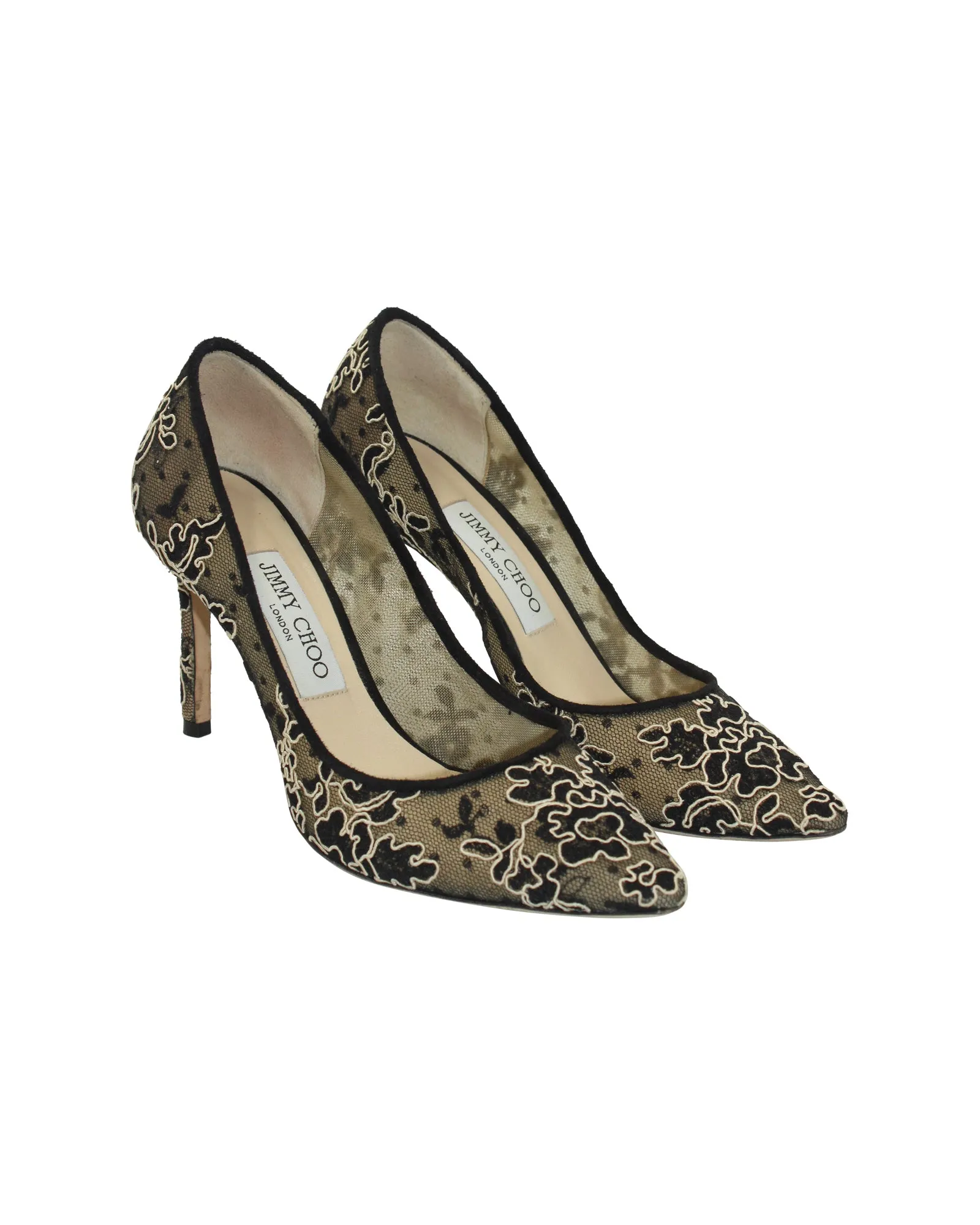 Jimmy Choo Romy Pointed Toe Pumps in Black Floral Corded Lace