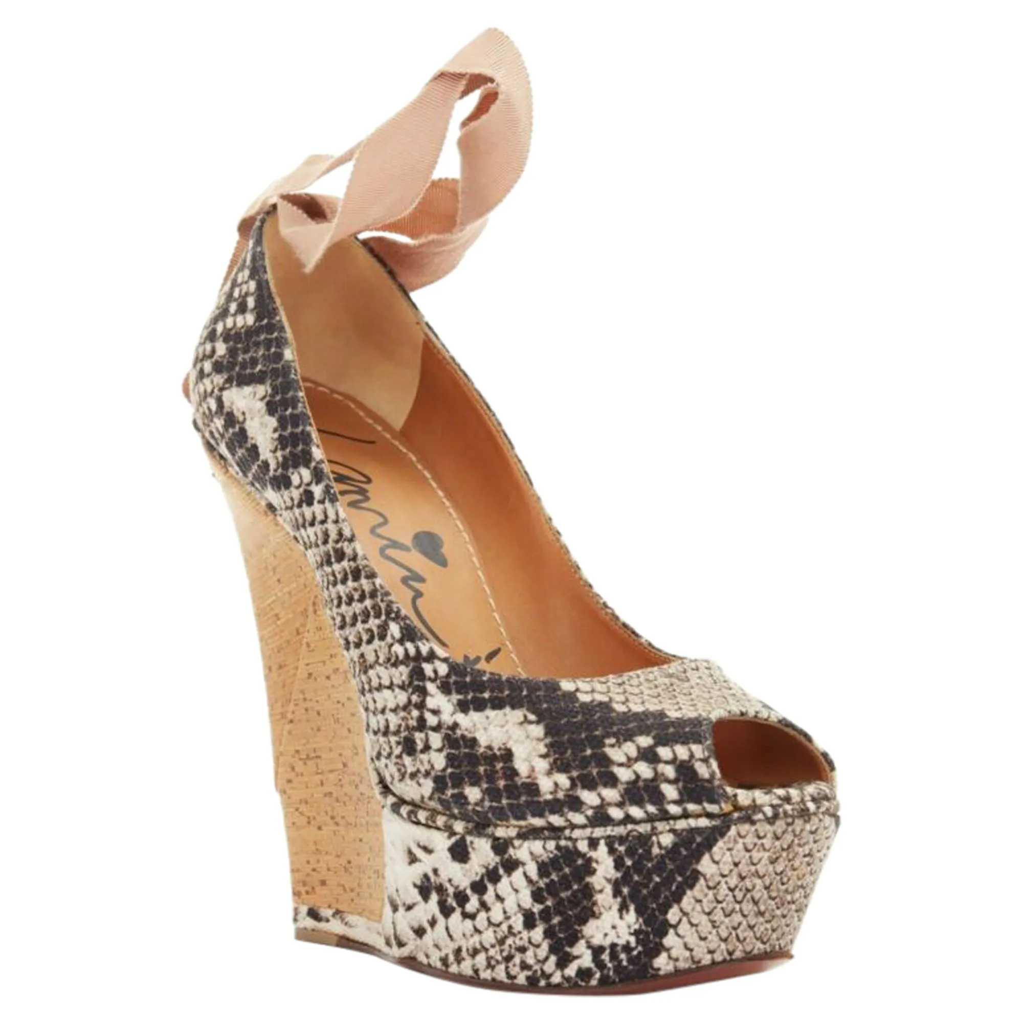 Lanvin Alber Elbaz Scaled Leather Print Wedge Ribbon Ankle Strap Heel