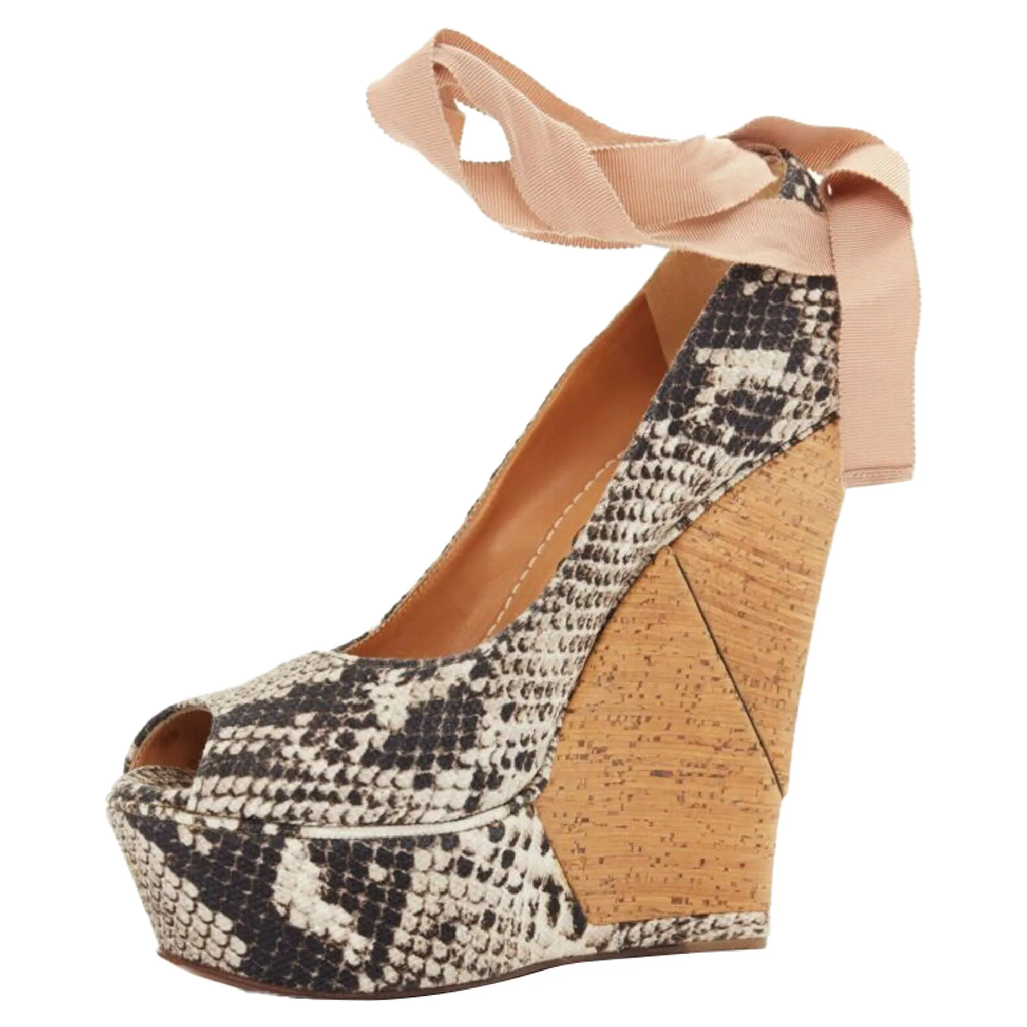 Lanvin Alber Elbaz Scaled Leather Print Wedge Ribbon Ankle Strap Heel