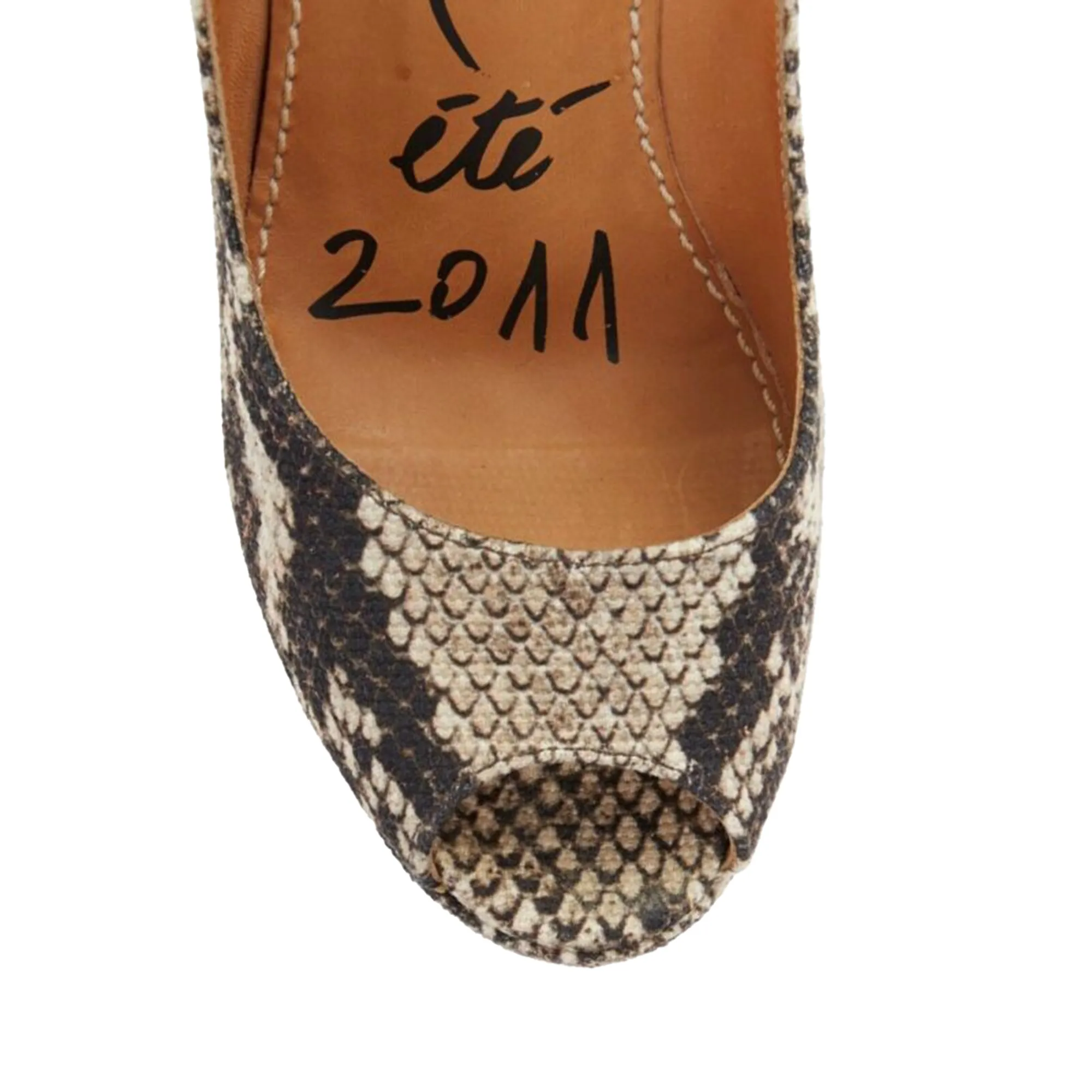Lanvin Alber Elbaz Scaled Leather Print Wedge Ribbon Ankle Strap Heel