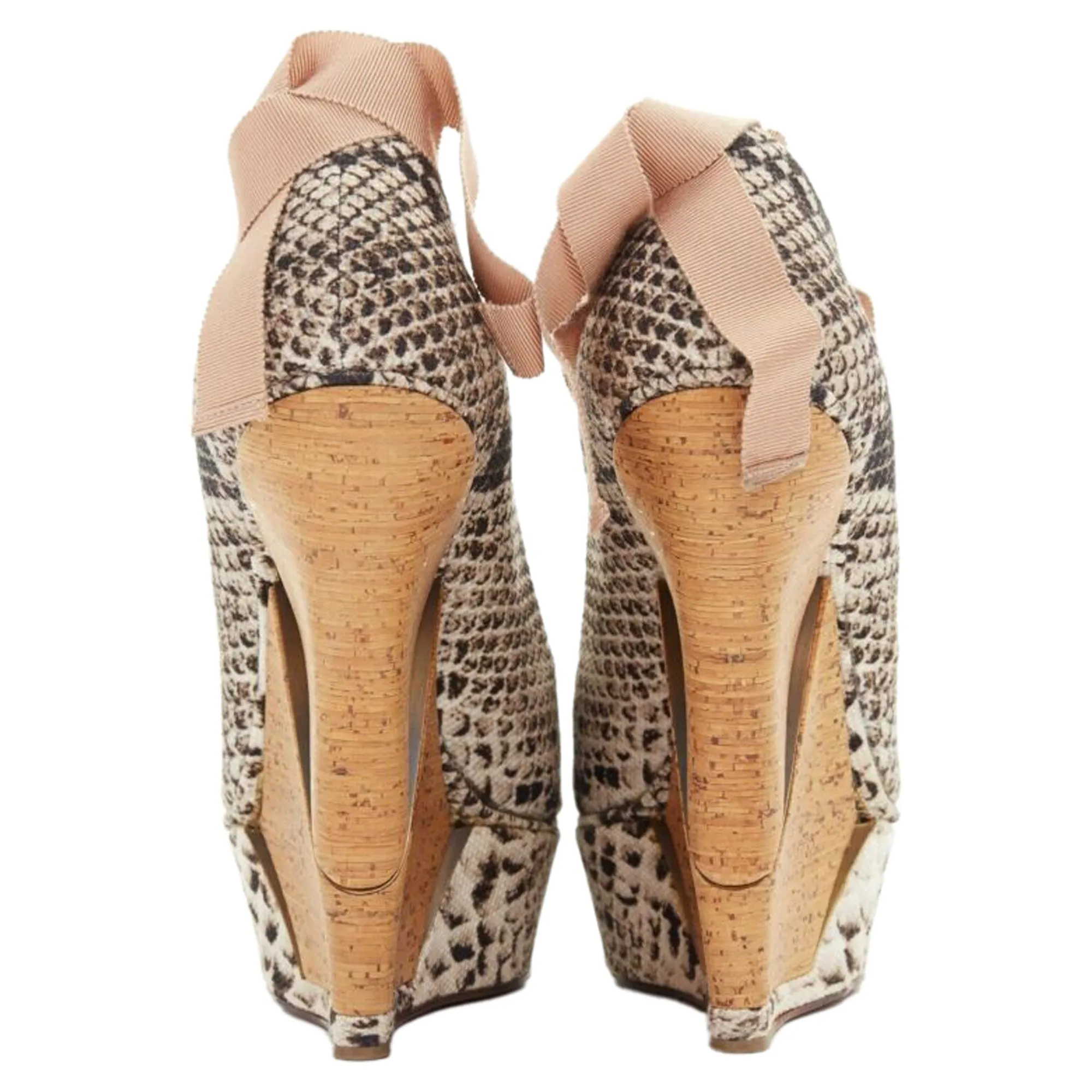 Lanvin Alber Elbaz Scaled Leather Print Wedge Ribbon Ankle Strap Heel