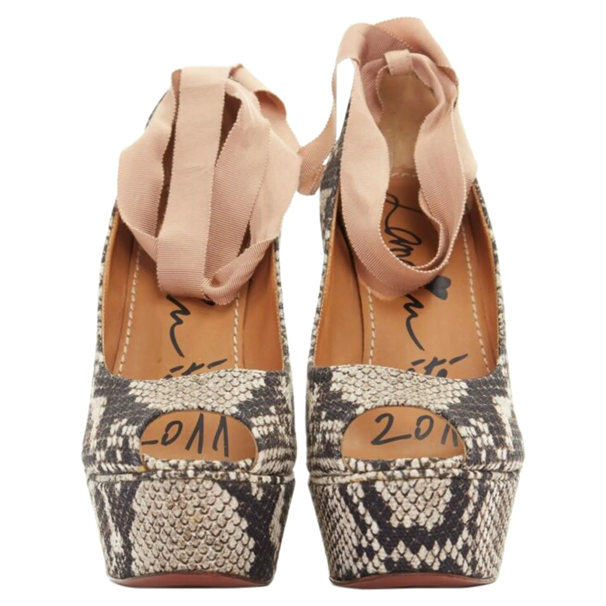 Lanvin Alber Elbaz Scaled Leather Print Wedge Ribbon Ankle Strap Heel