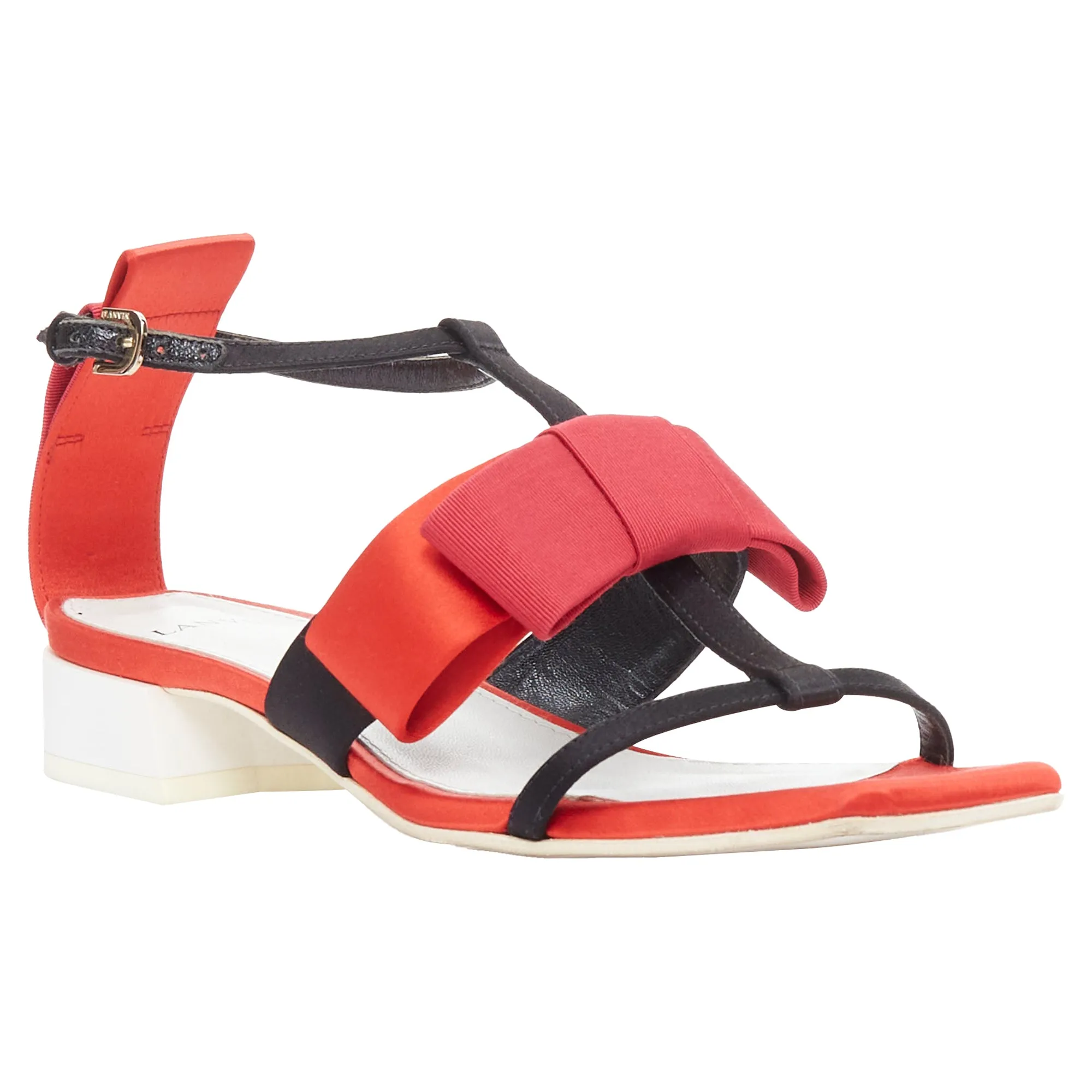 Lanvin Bow Embellished Satin T-strap Chunky Sandals
