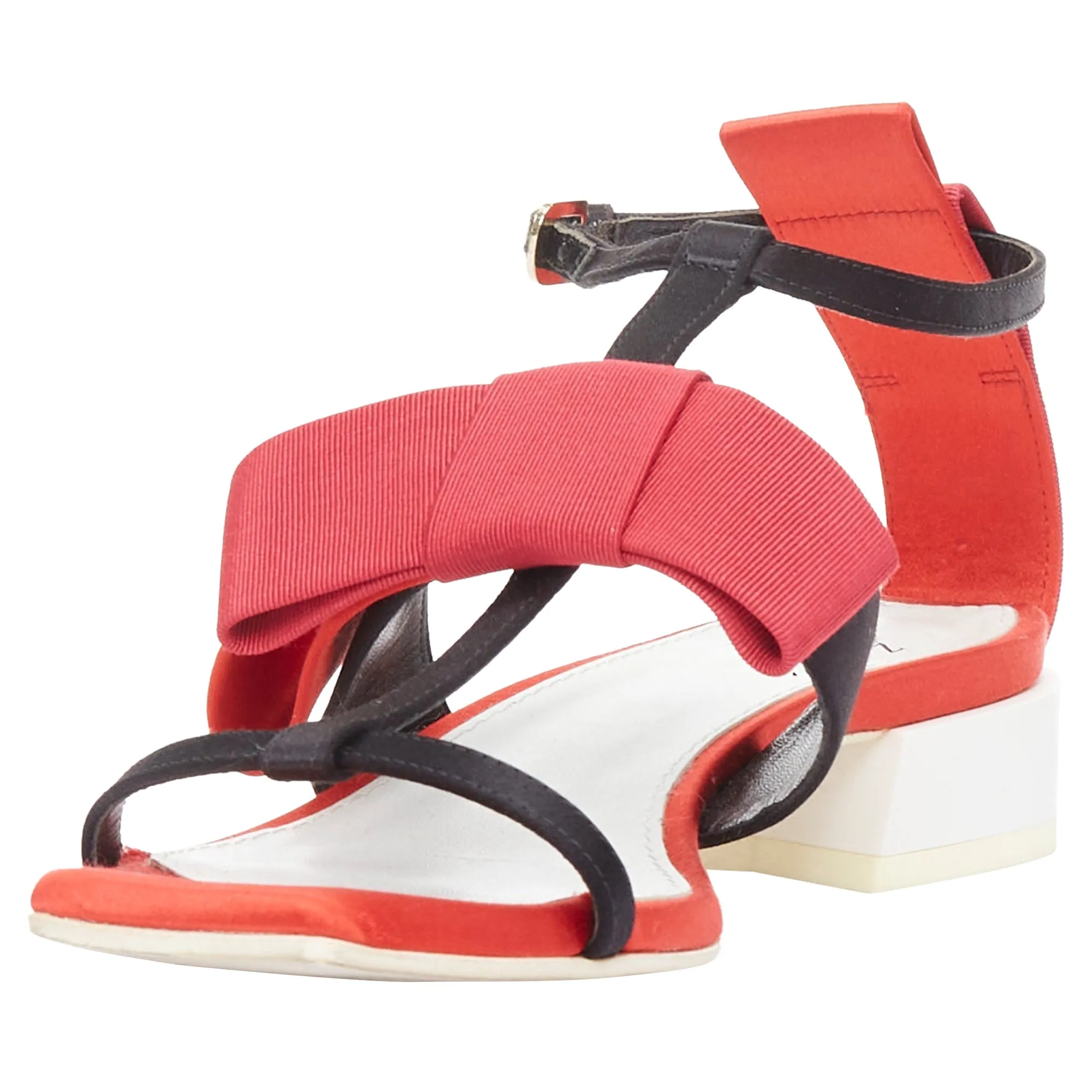 Lanvin Bow Embellished Satin T-strap Chunky Sandals
