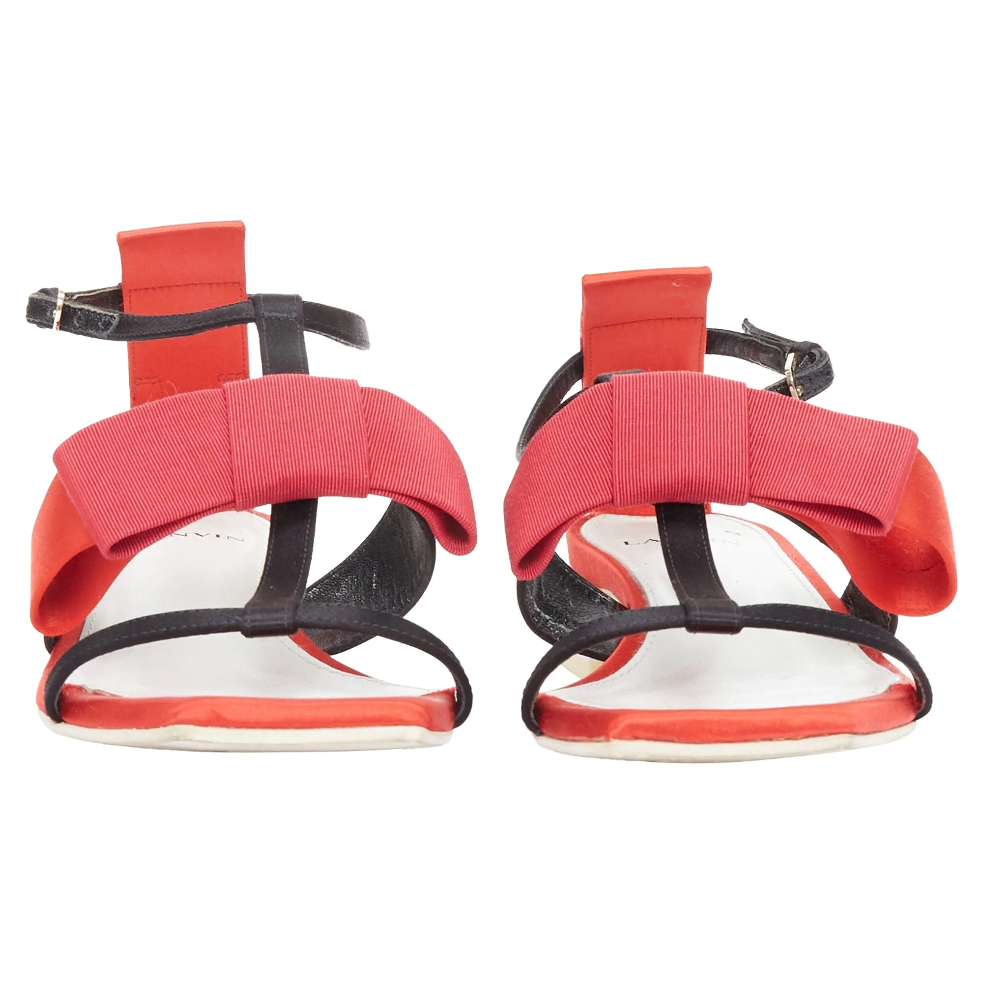 Lanvin Bow Embellished Satin T-strap Chunky Sandals