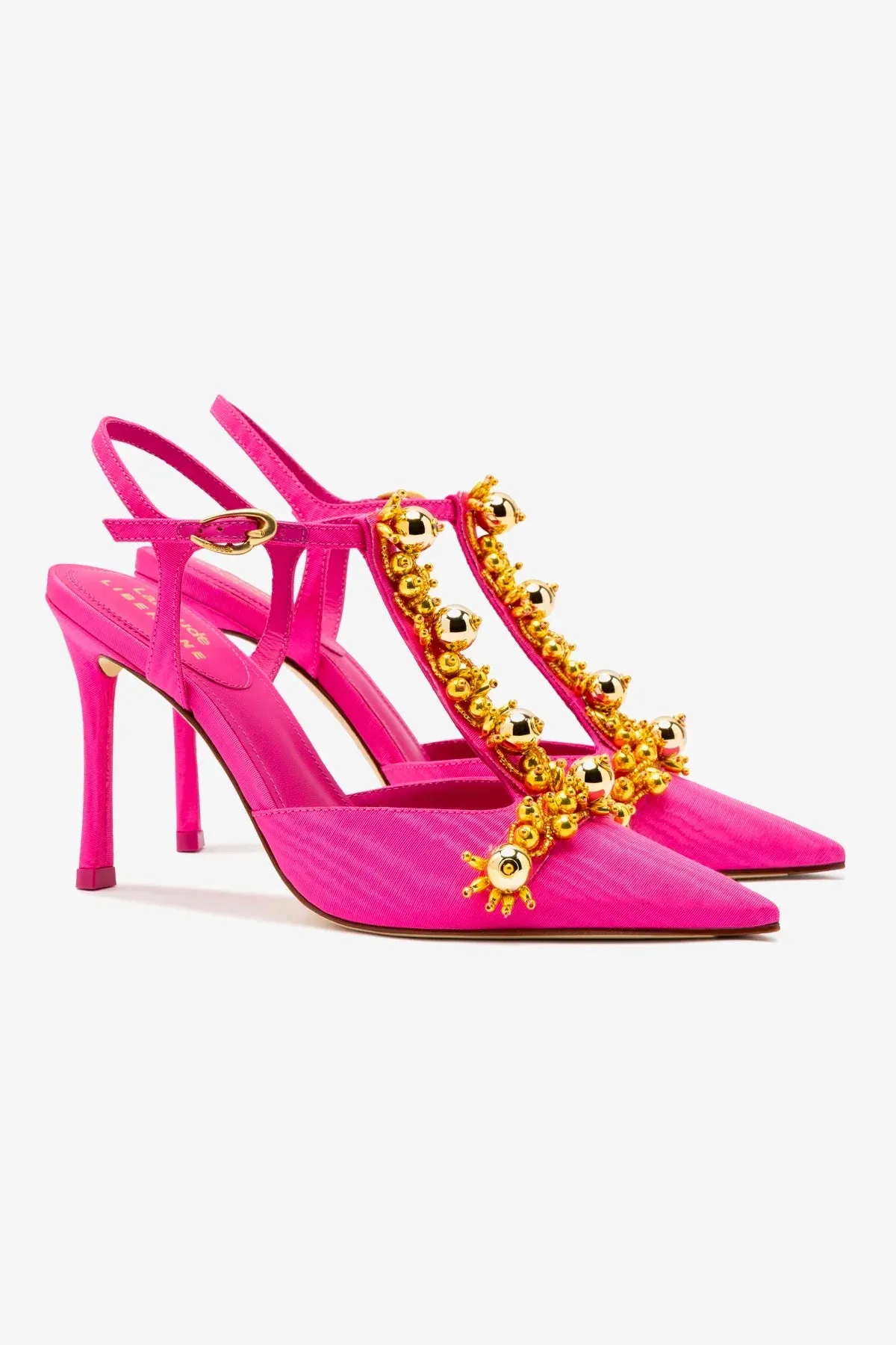 Larroud x Libertine Pump In Magenta Fabric and Golden Balls