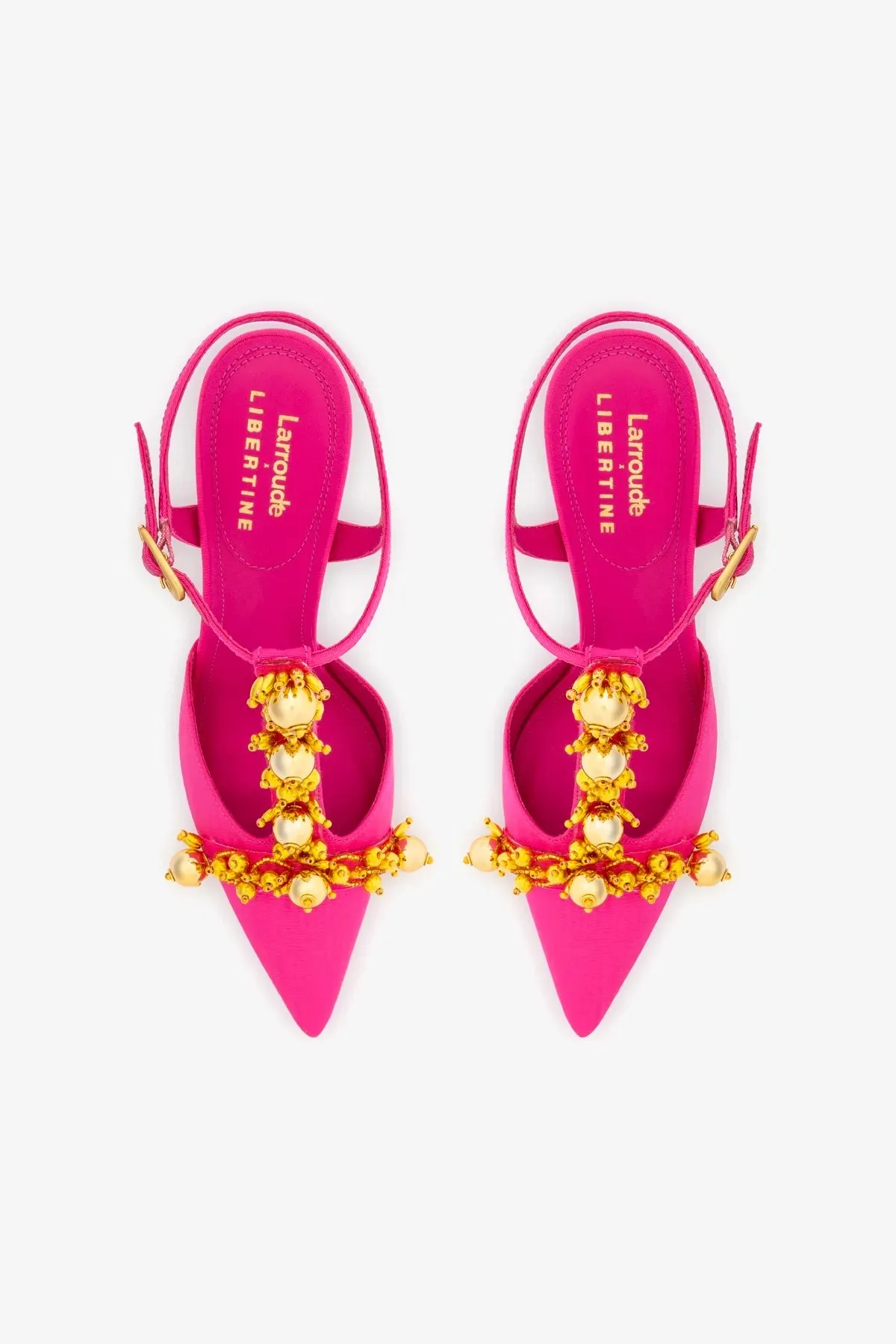 Larroud x Libertine Pump In Magenta Fabric and Golden Balls