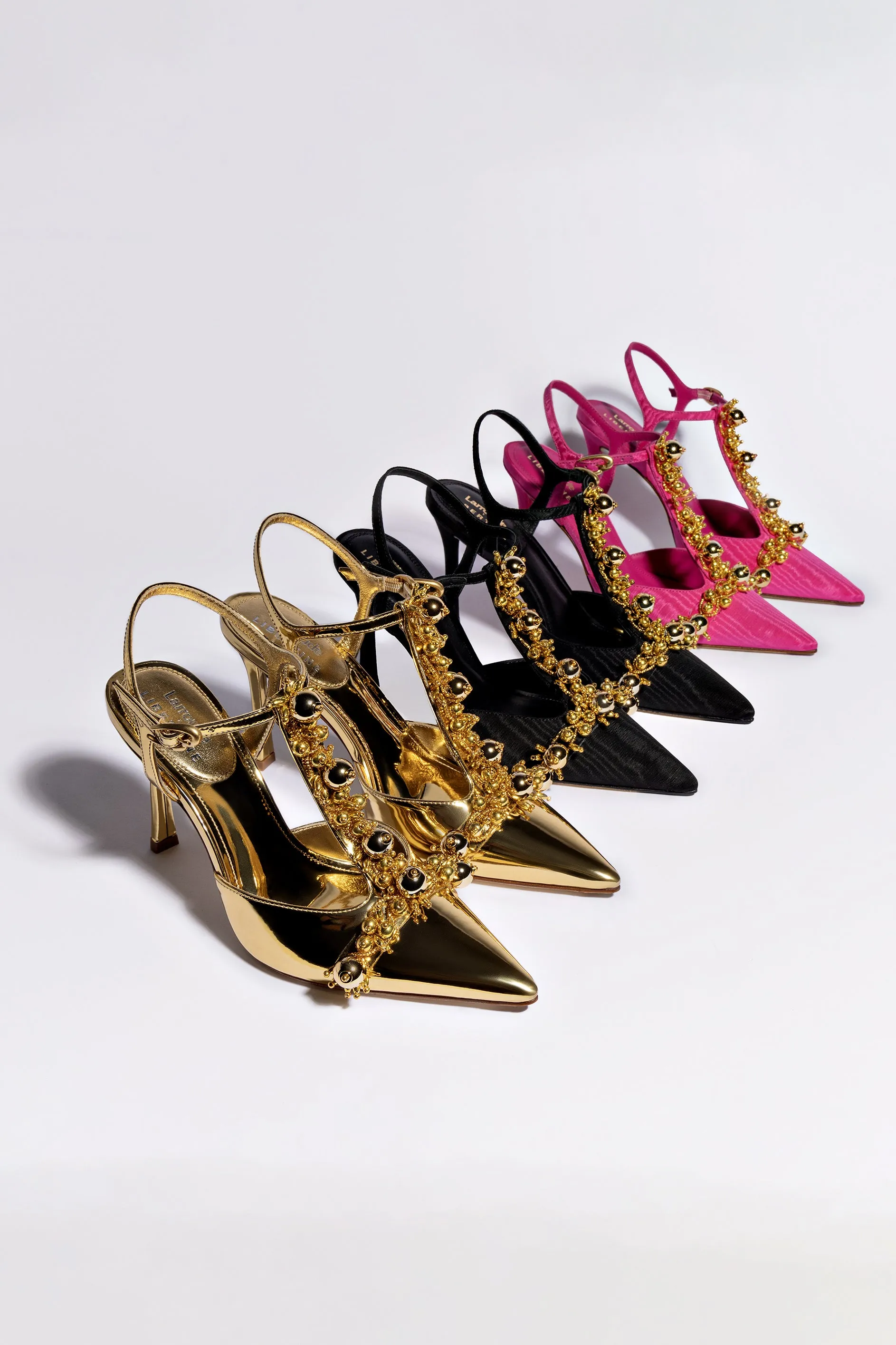 Larroud x Libertine Pump In Magenta Fabric and Golden Balls