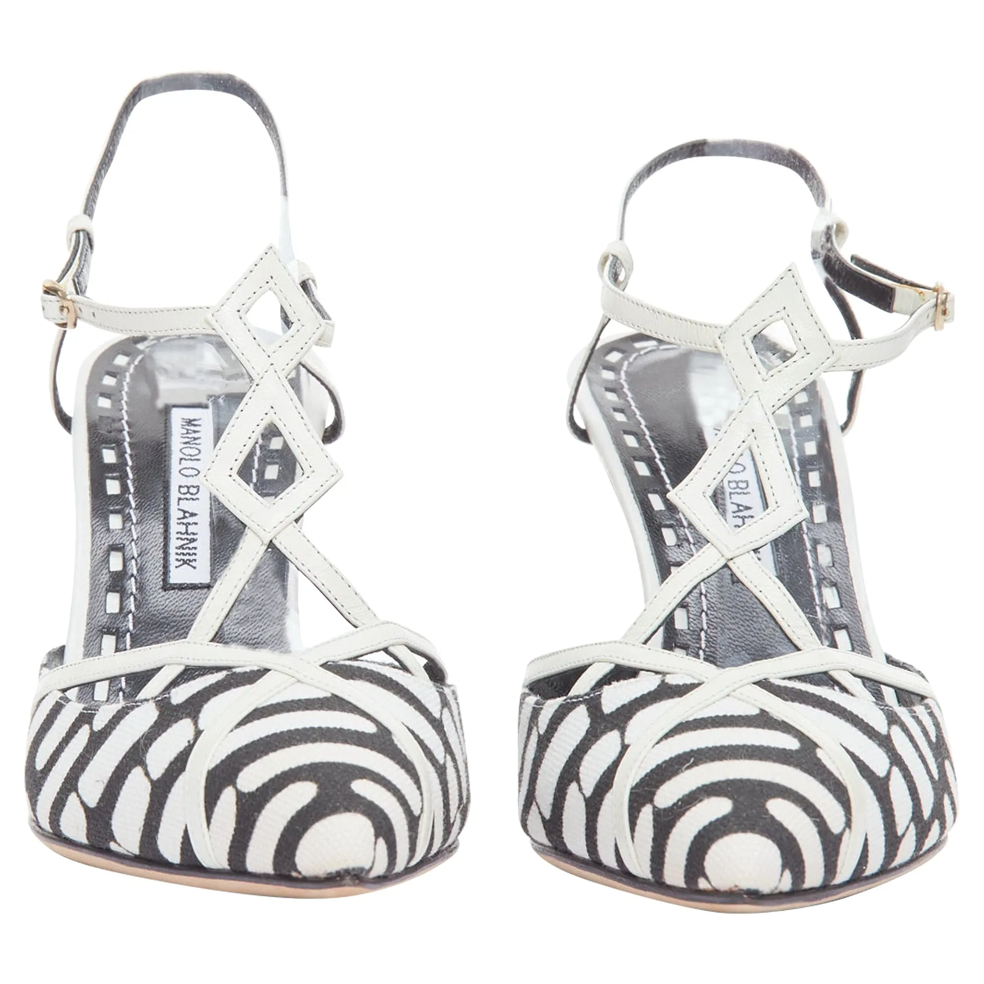 Manolo Blahnik canvas leather trim strappy heels